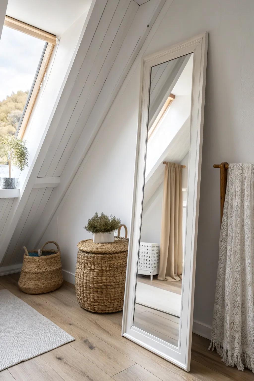 A tall mirror on the knee wall brightens a sloped-ceiling closet and makes it feel twice as big.