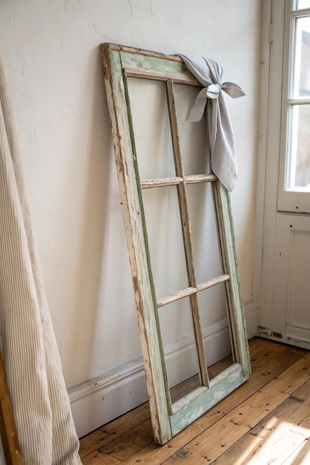 Lean a reclaimed window behind your display to add height, depth, and vintage charm—no floor space.
