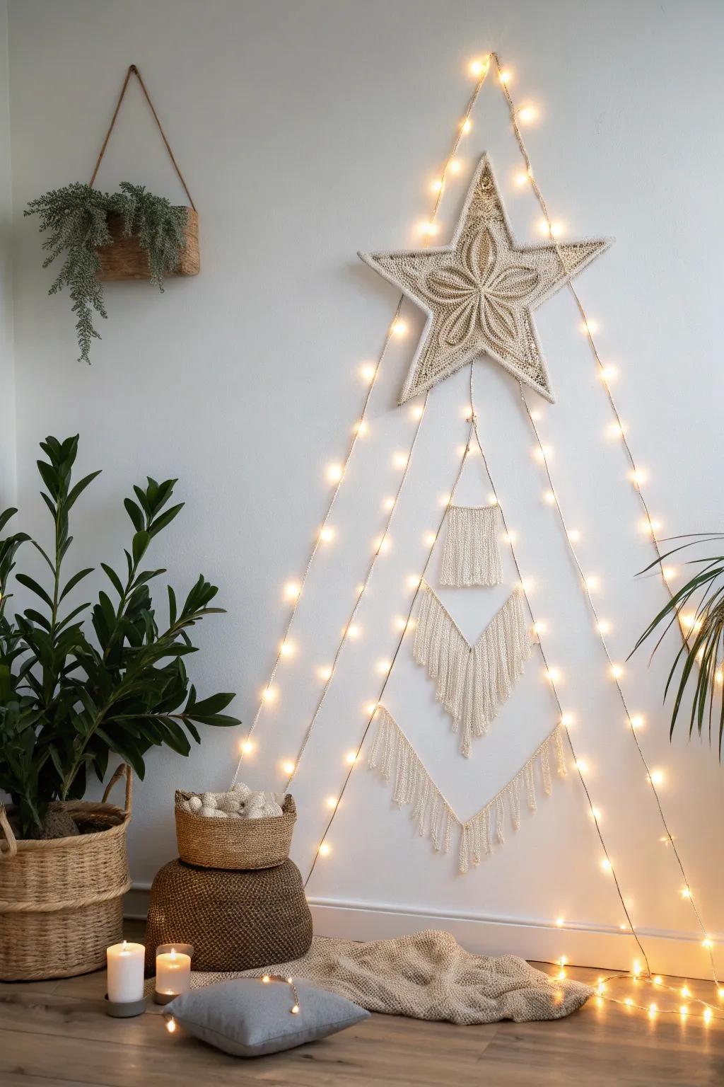 A wall “tree” of warm lights and a macramé star—festive glow with zero floor space.