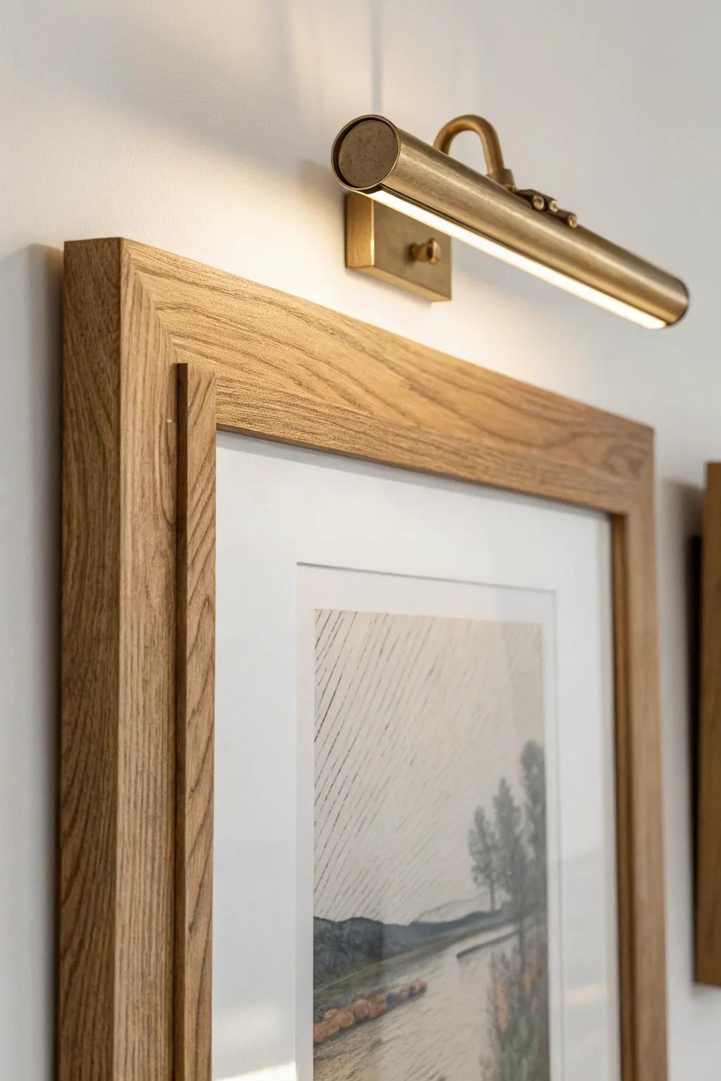 A slim picture light turns one frame into a mini gallery—perfect depth for small apartments.