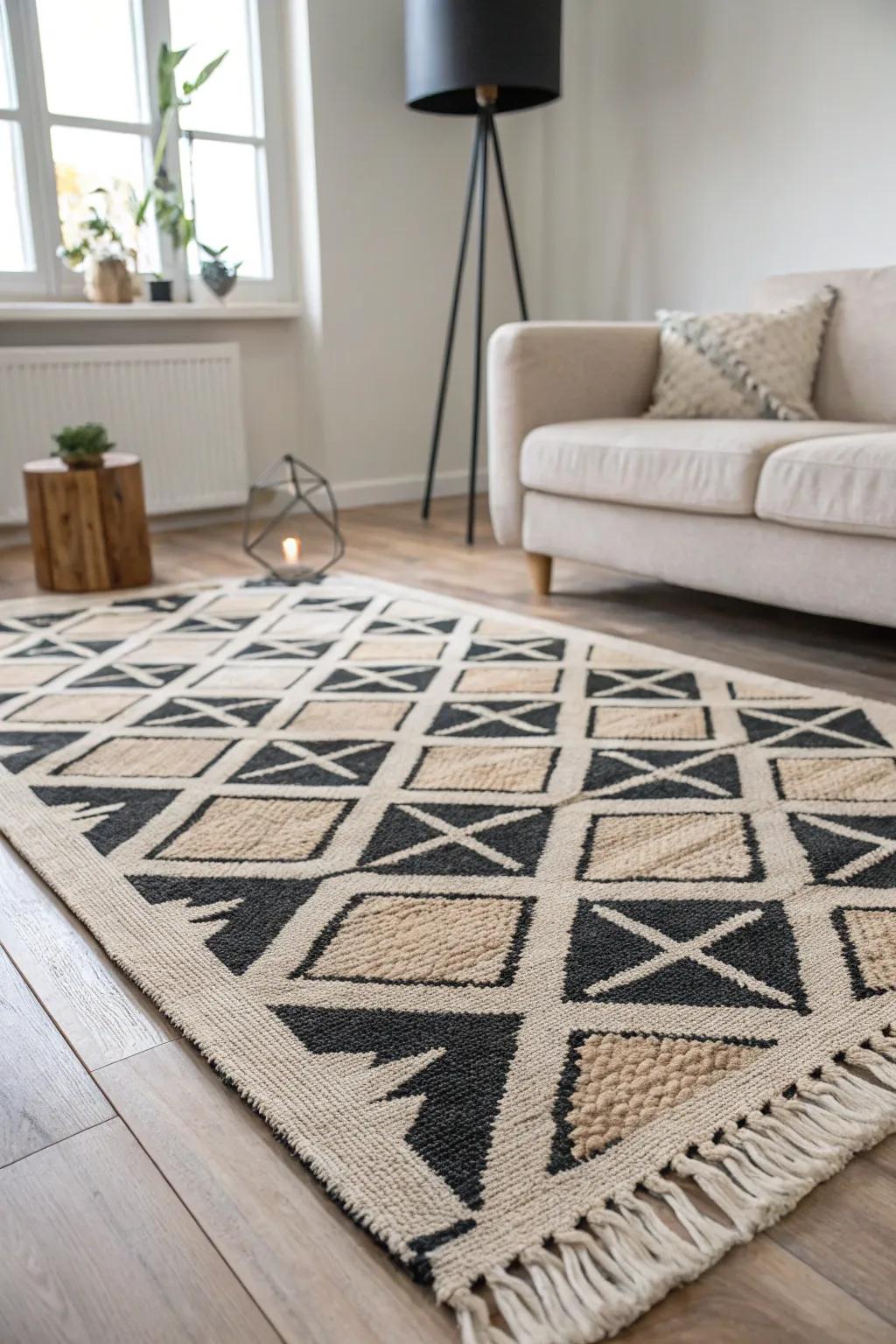 One bold statement rug instantly makes a tiny living room look styled—without overspending.
