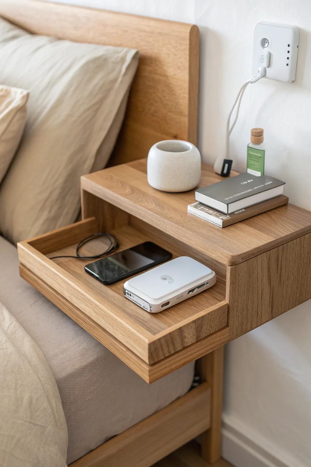 Floating shelf nightstand: airy storage for chargers and books—no bulky bedside table needed.