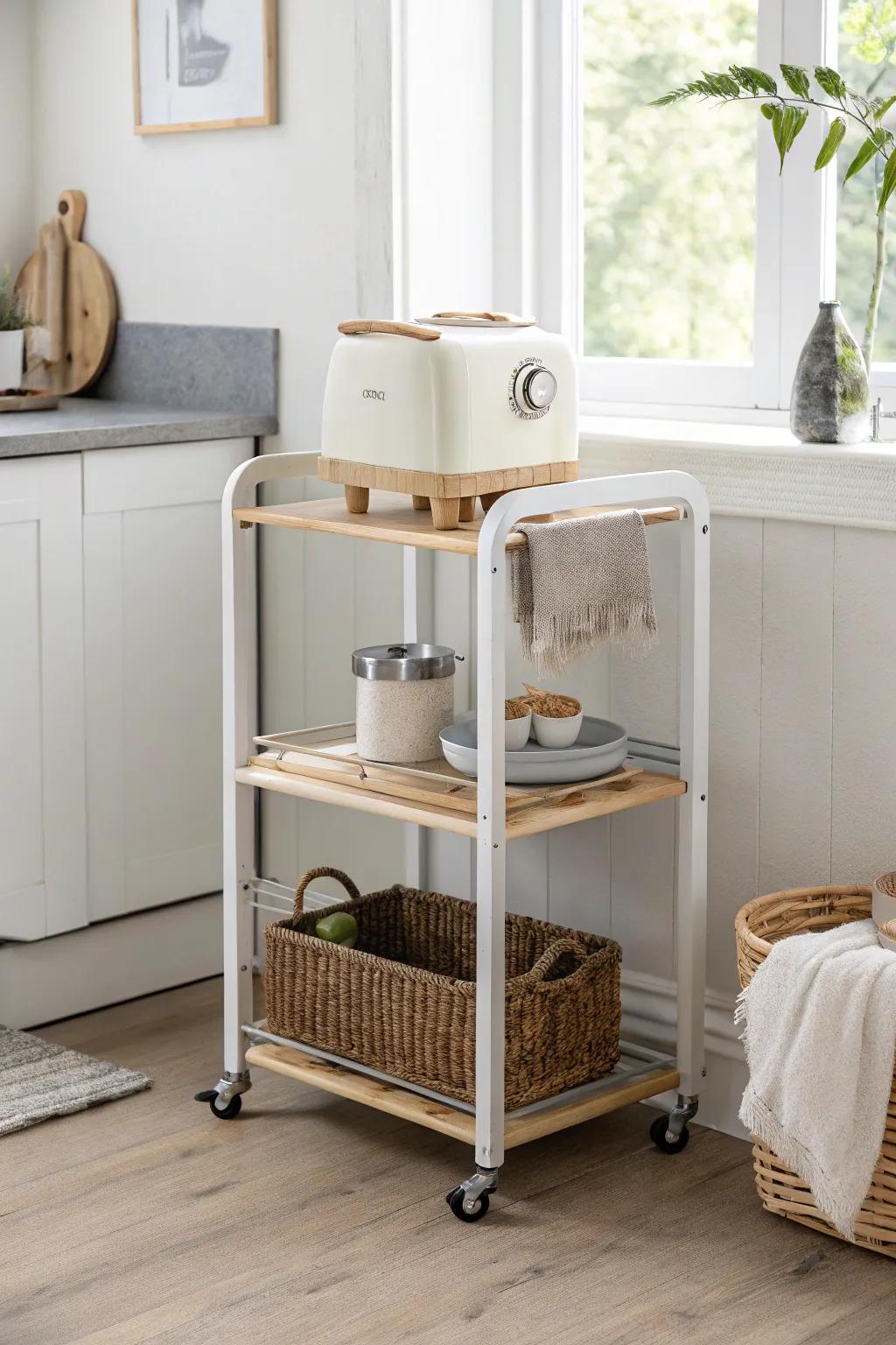 A rolling cart keeps breakfast appliances handy—then tucks away to open up your tiny kitchen.