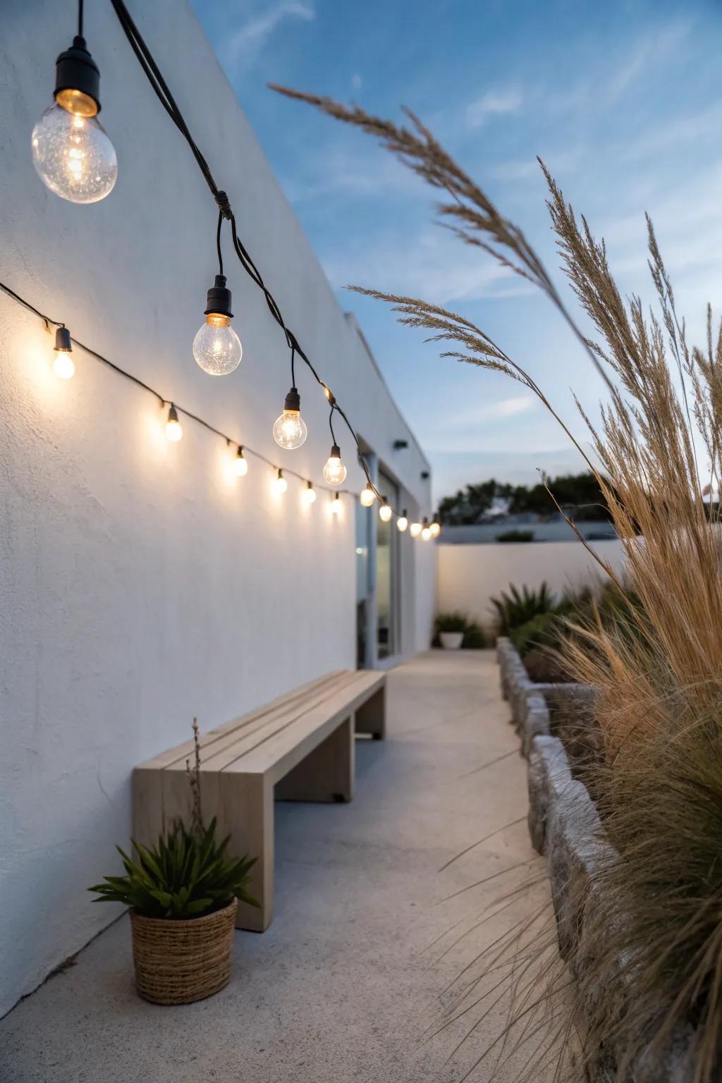 Warm string lights zigzag overhead to lift the eye and make a tiny patio feel like a room.