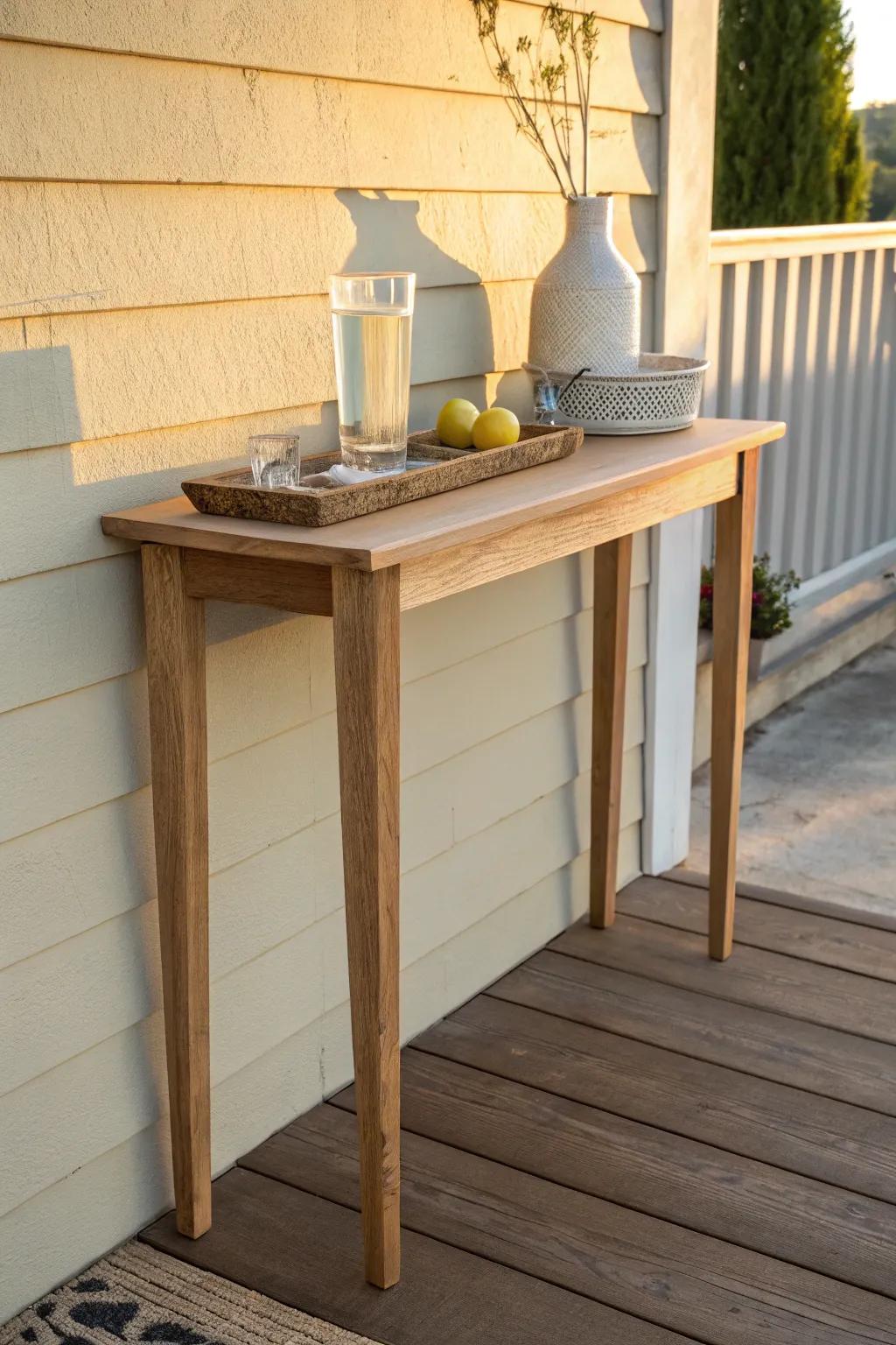A slim console table turns a tiny back porch into an easy, grab-and-go serving station.