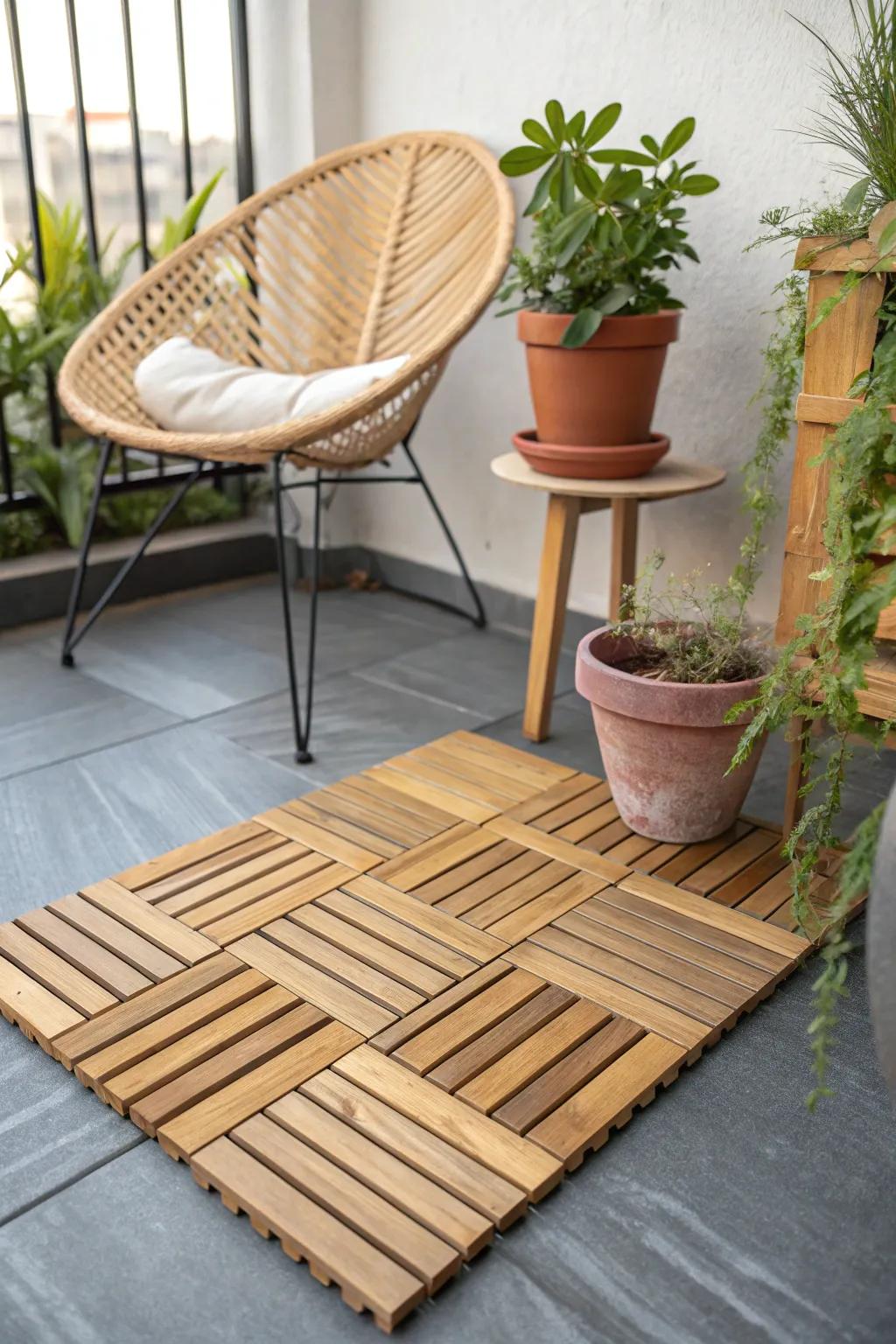 Instant balcony glow-up: snap-in deck tile flooring that hides ugly concrete on a budget.