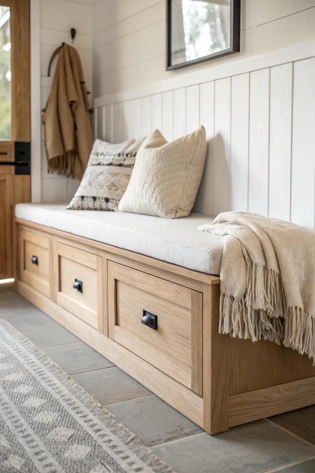 Built-in banquette dining for small barn conversions—hidden storage, linen cushions, calm style.
