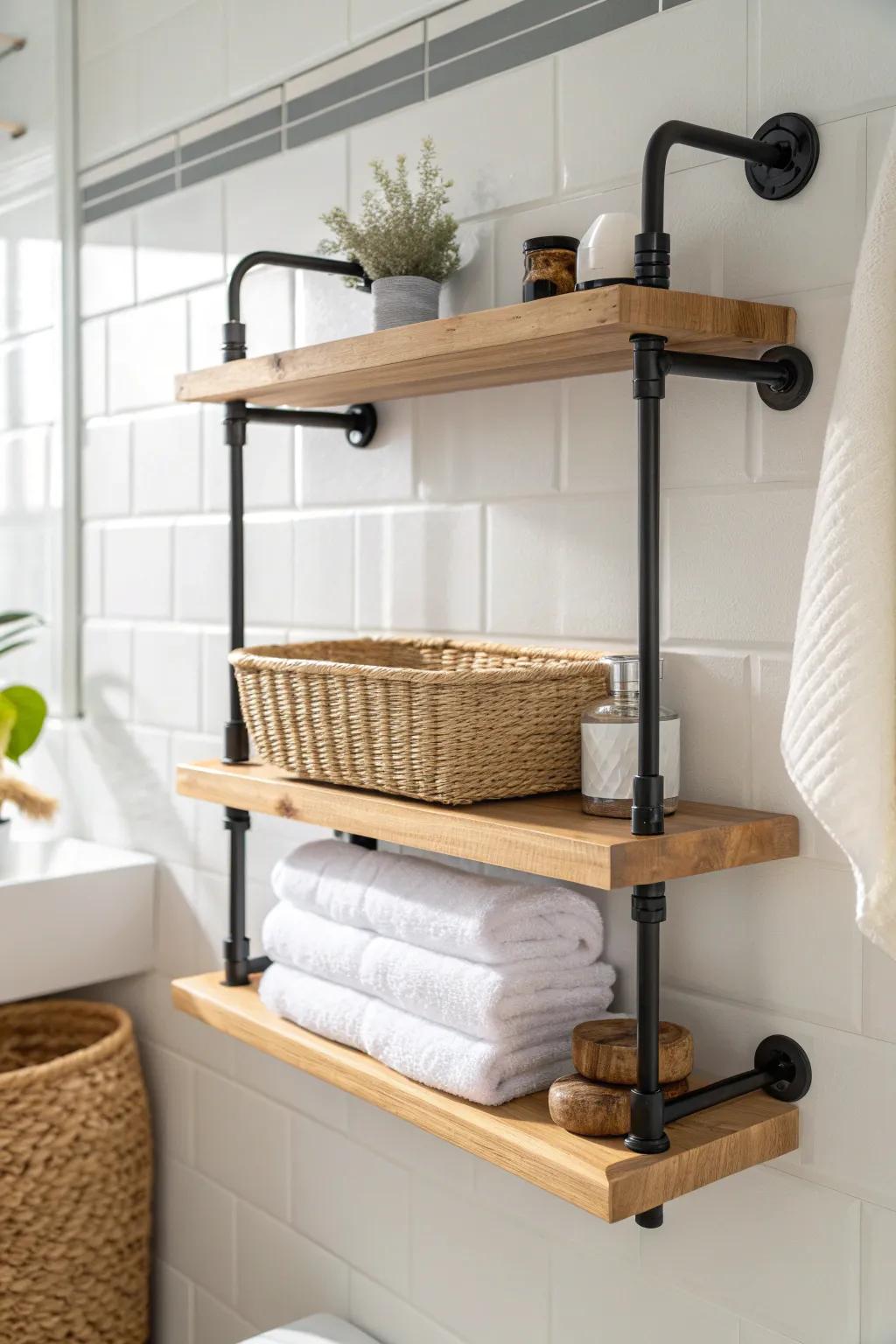 Industrial pipe-bracket shelf with warm wood—perfect for towels in a tiny bathroom.