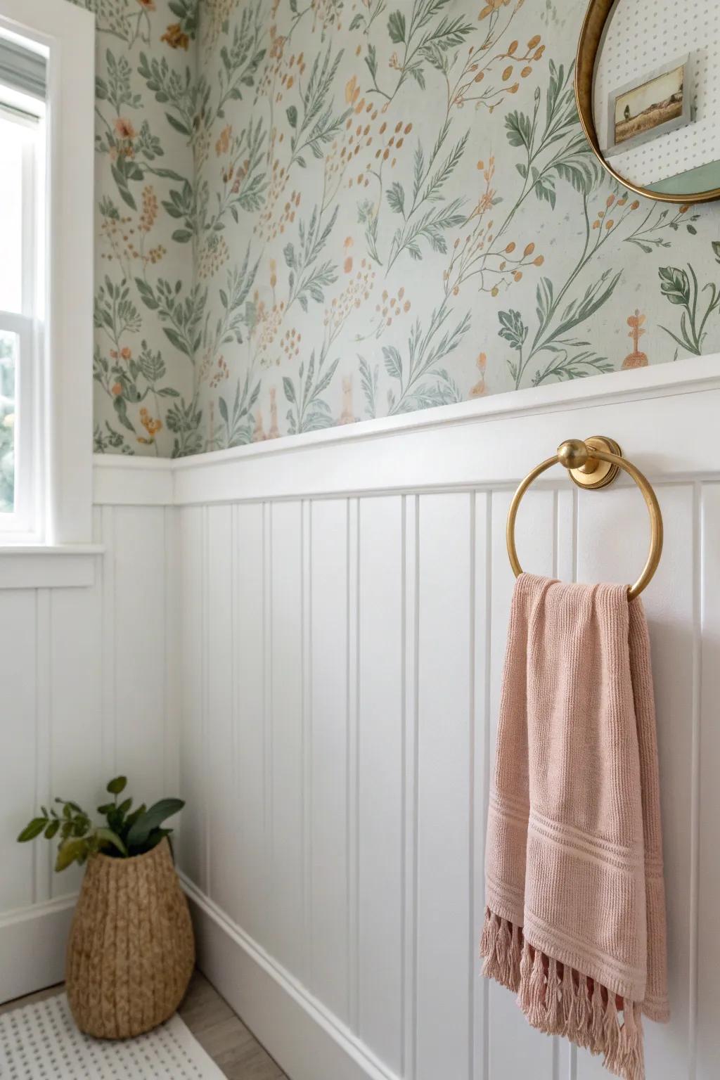Half-wall wainscoting handles splashes below; soft wallpaper above brings calm, feminine charm.