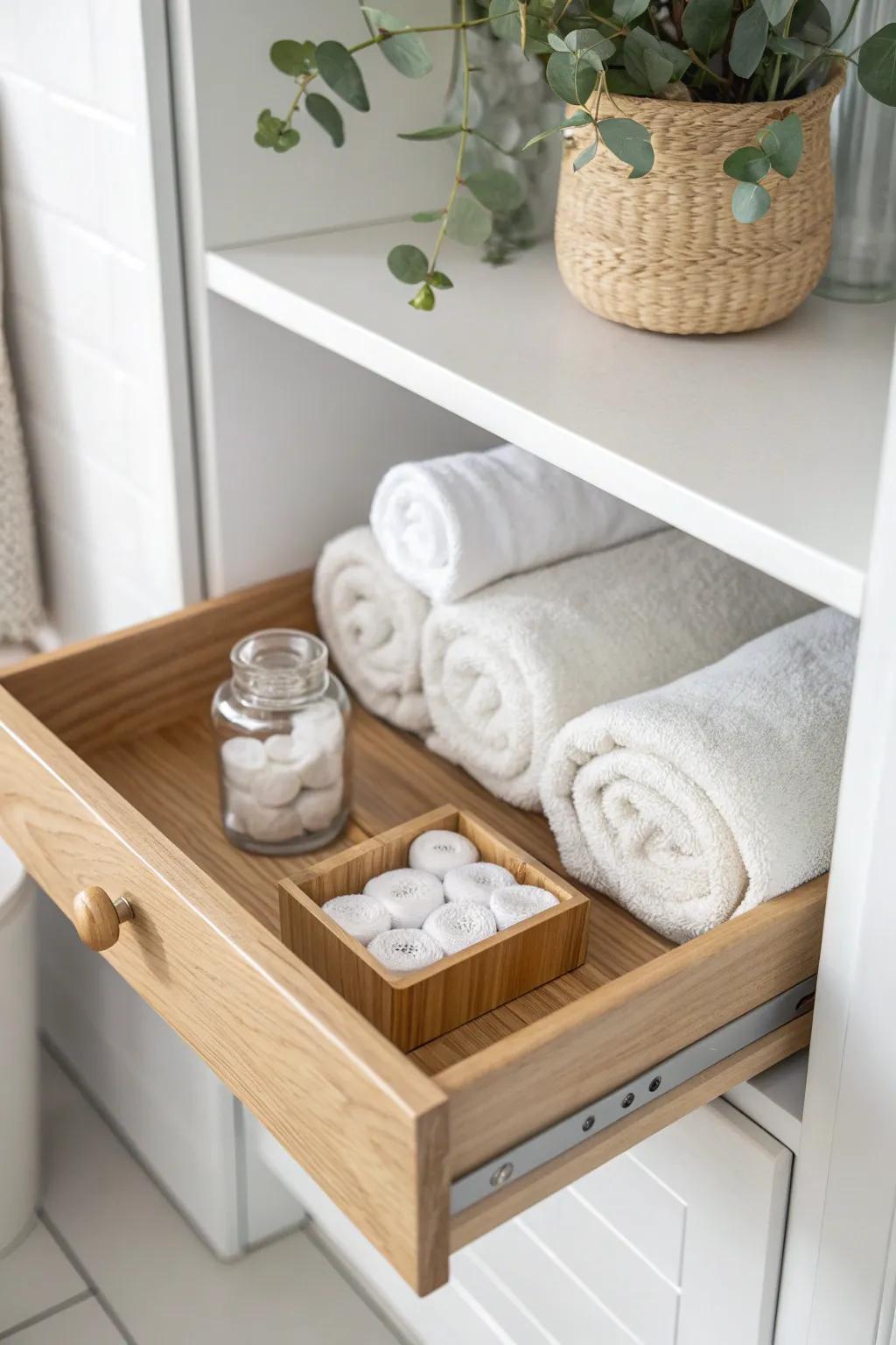 Pull-out trays make deep bathroom shelves easy to see—no more lost linens or duplicates.
