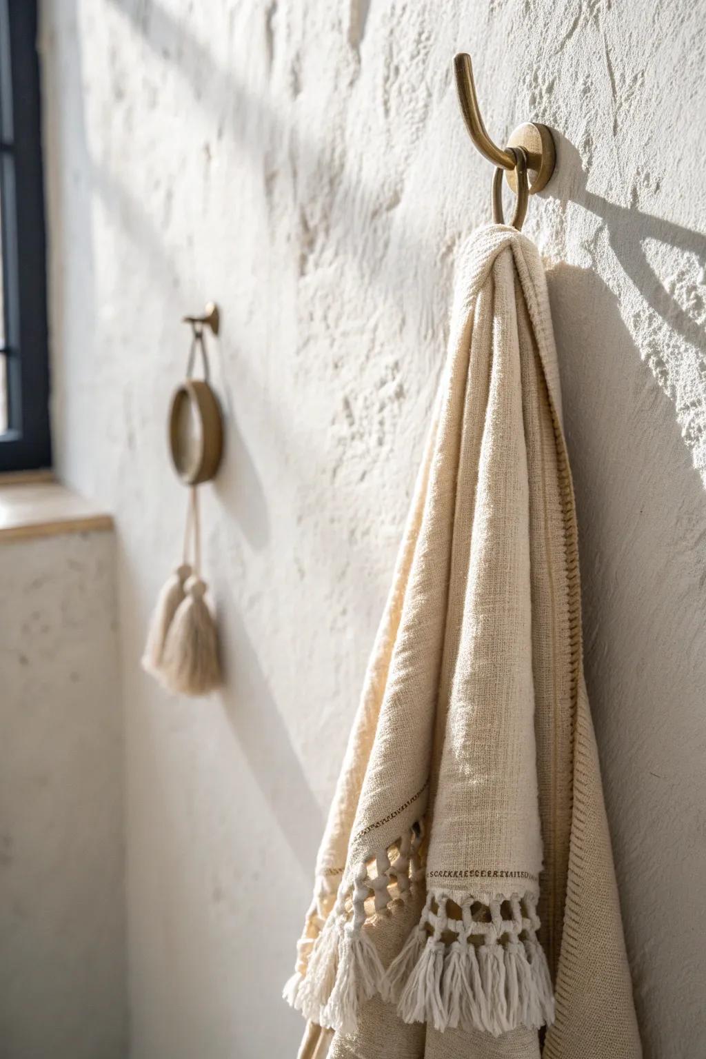 Swap the towel bar for a chic hook—more towels, less wall space, instant small-bath win.