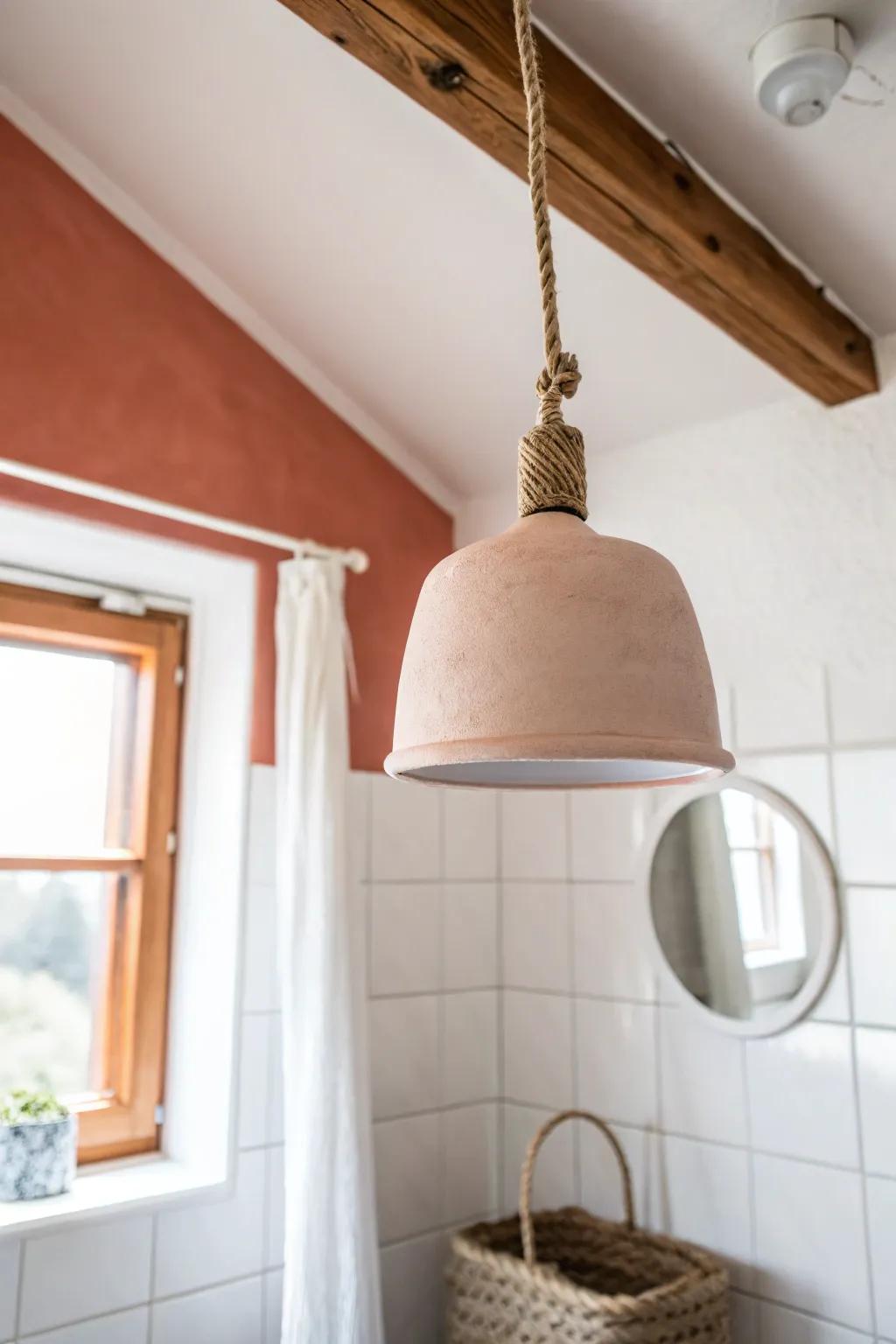 A surprise ceiling pop color lifts a tiny bathroom—playful, airy, and still minimalist.