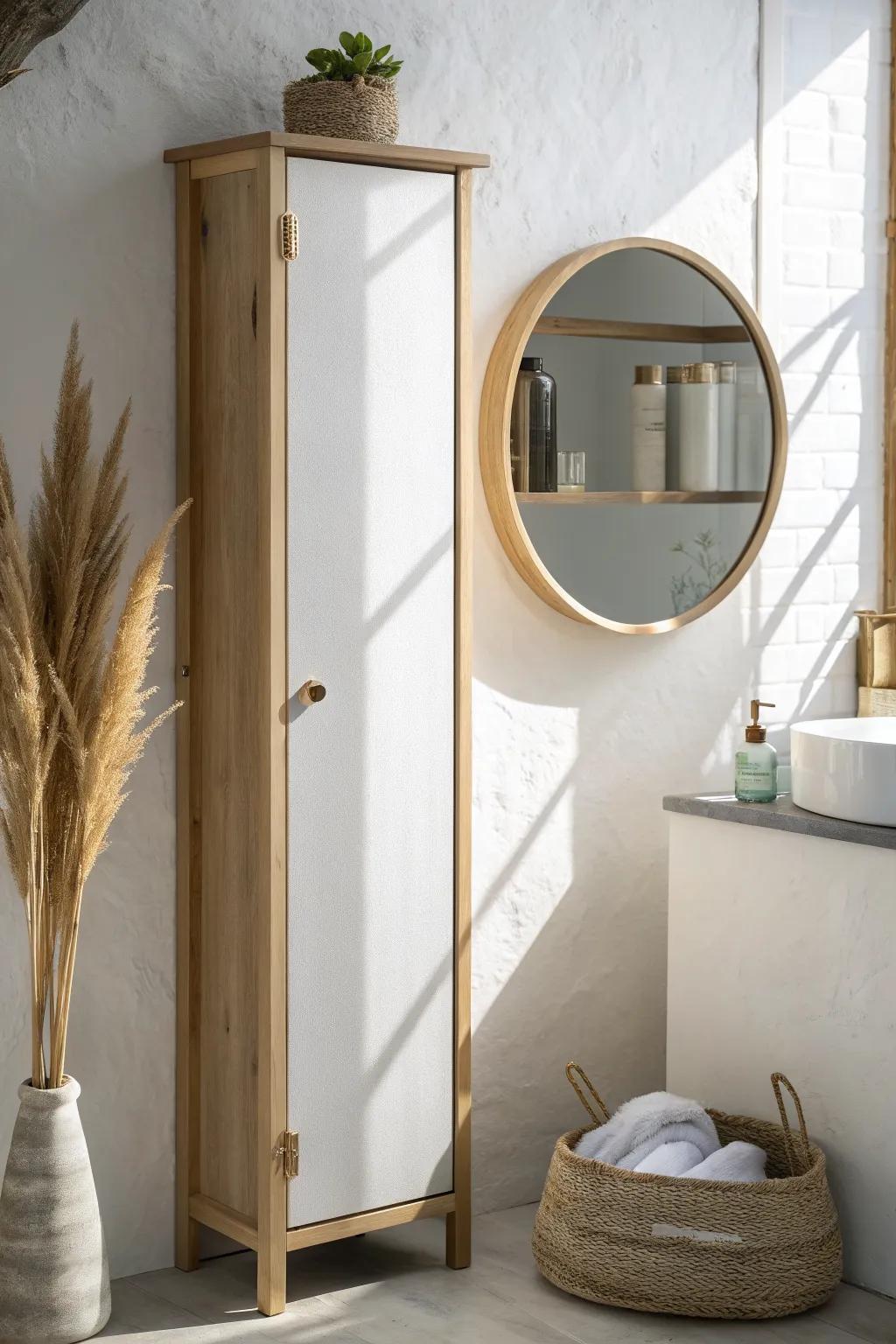 Skinny mirror-side wall cabinet: hidden storage that keeps your vanity area light and airy.