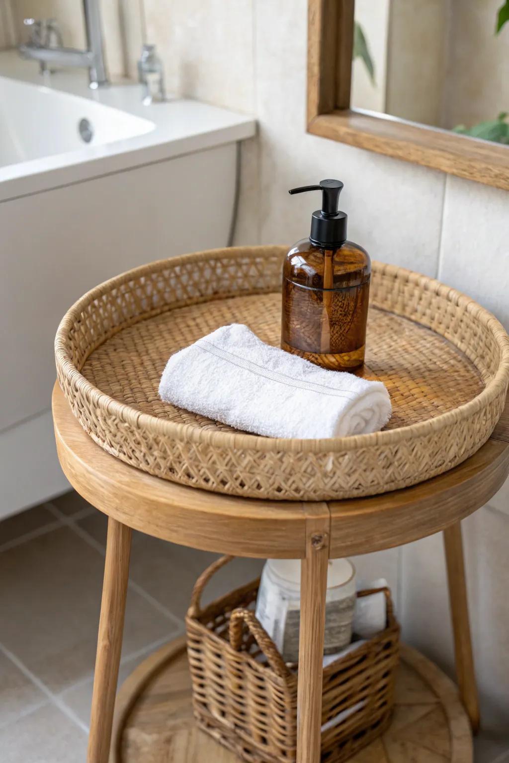 A single woven tray creates a chic “landing zone” that keeps your bathroom table calm.