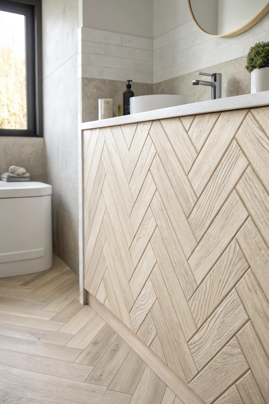 Subtle herringbone wall paneling adds movement and custom charm to a small bathroom.