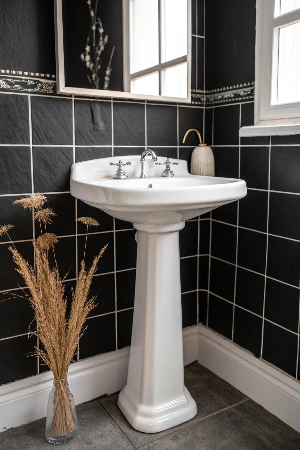 A crisp black-and-white pedestal sink look that makes even the tiniest bathroom feel modern.