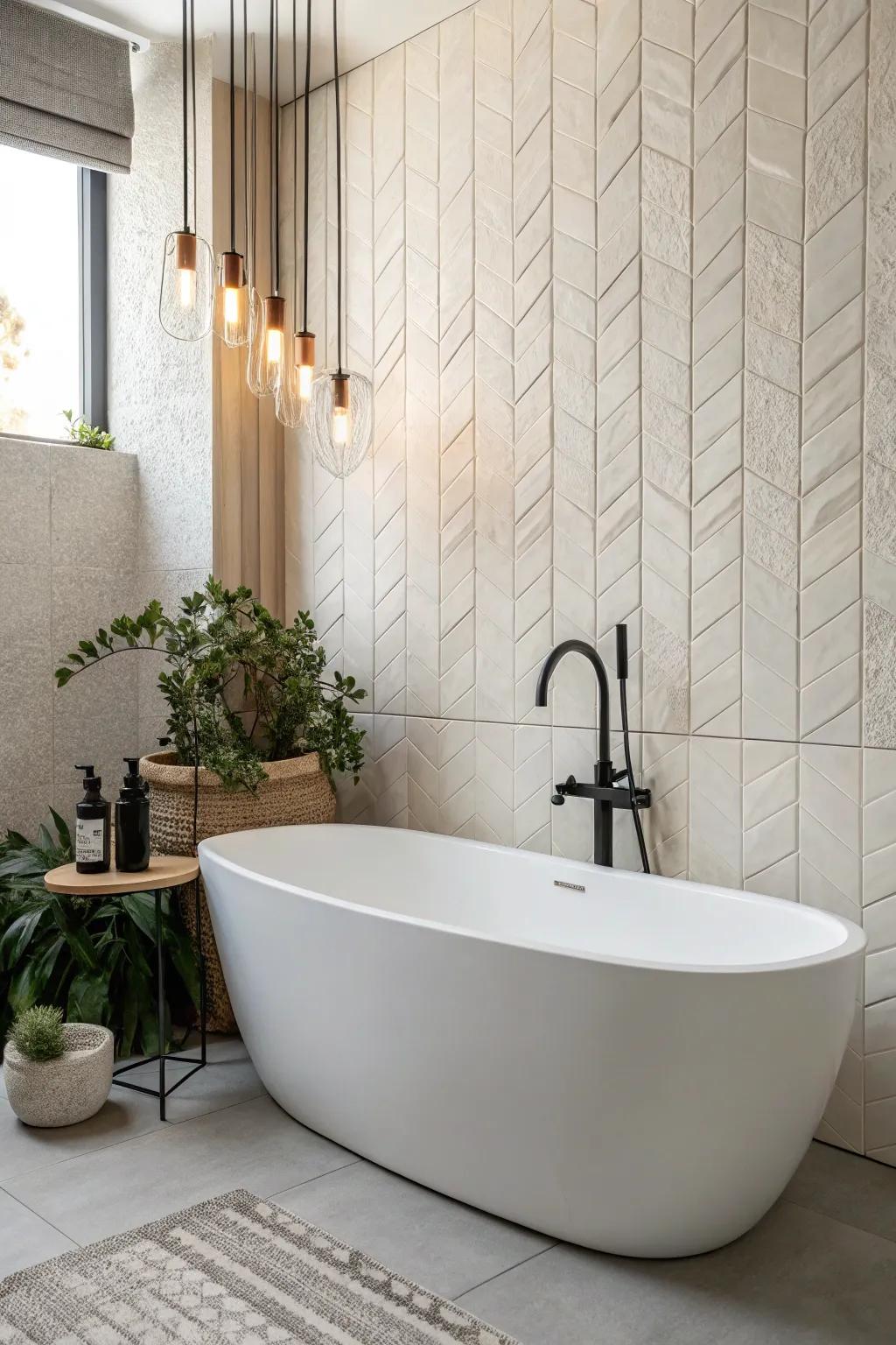Tile to the ceiling makes a small bathtub wall feel taller, brighter, and beautifully finished.