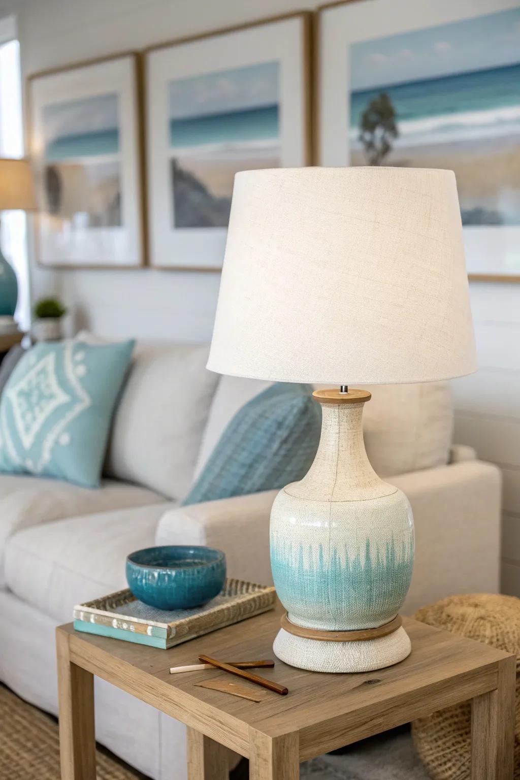 Repeat ocean blue in just three accents—lamp, pillow, and art—for a calm beach-condo look.