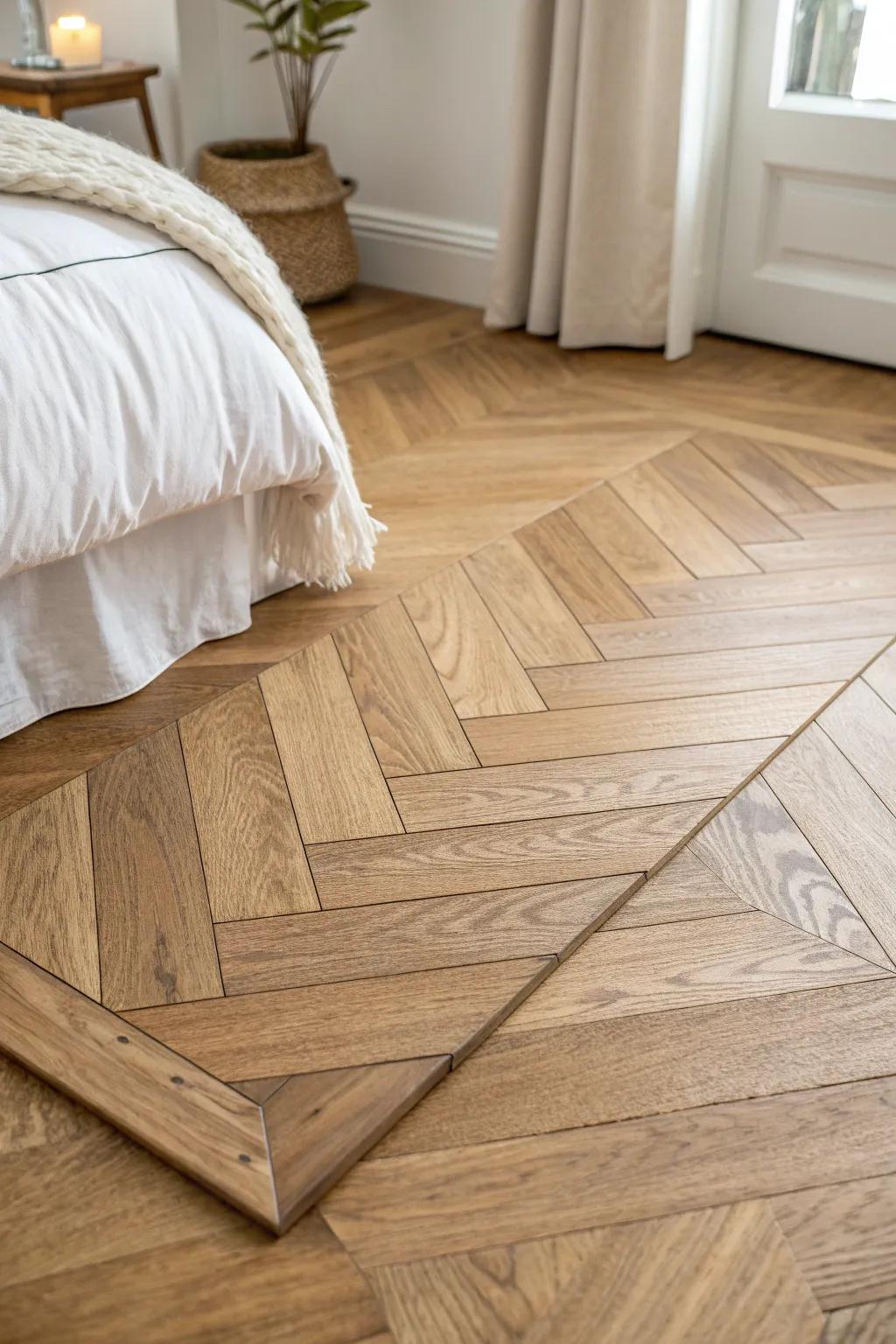 Diagonal plank flooring brings dynamic flow—perfect for awkward small bedrooms with angles.
