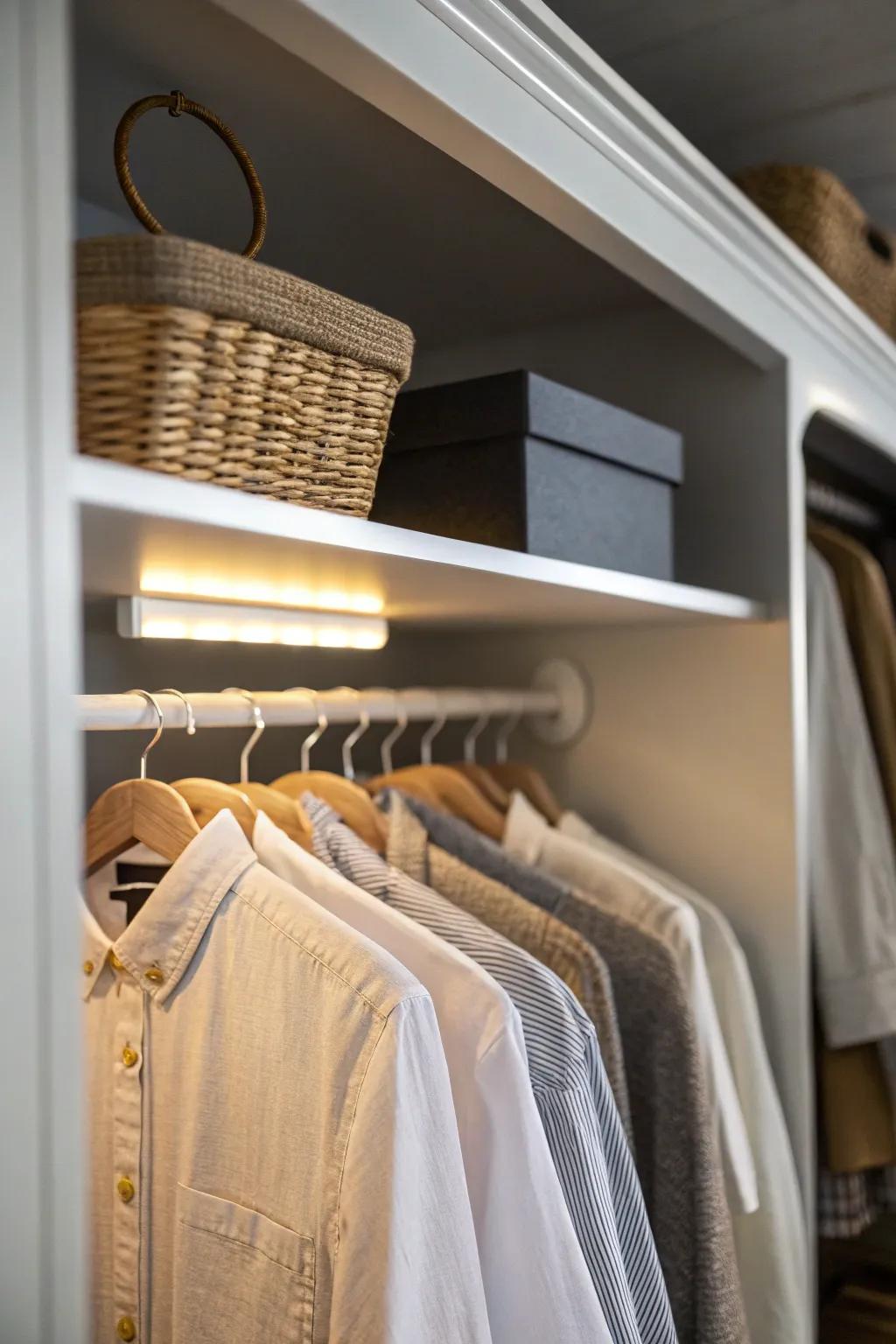 A motion-sensor closet light adds instant glow—no more dark corners or morning rummaging.