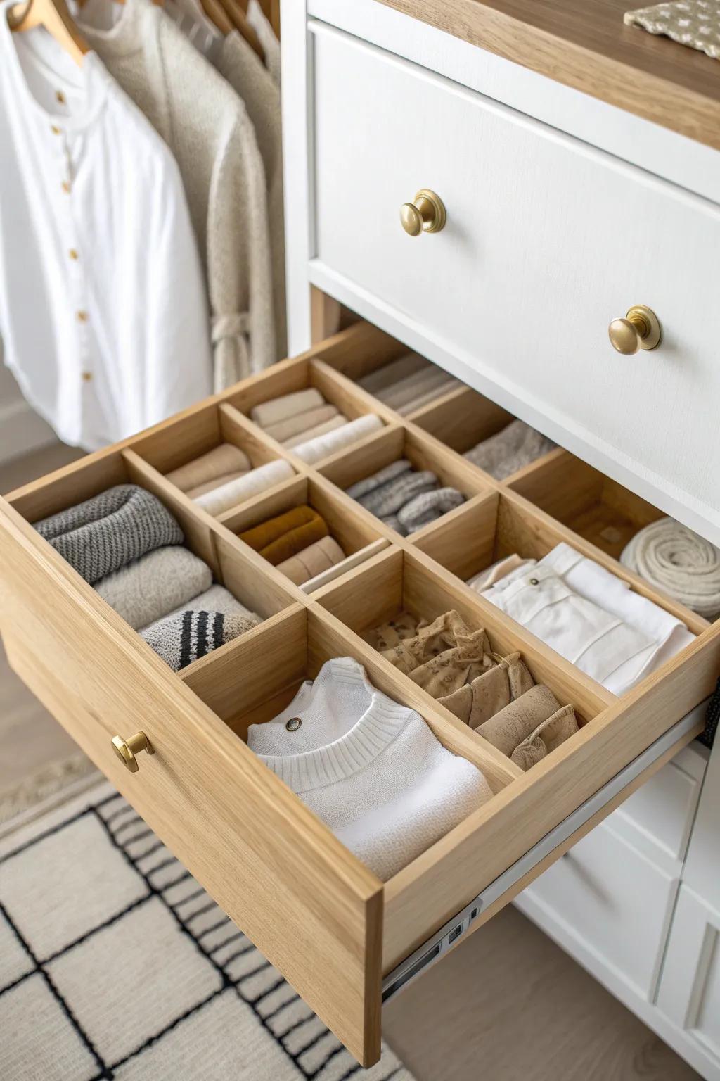 Boutique-style closet upgrade: handcrafted wood drawer dividers that tame the clutter in seconds.