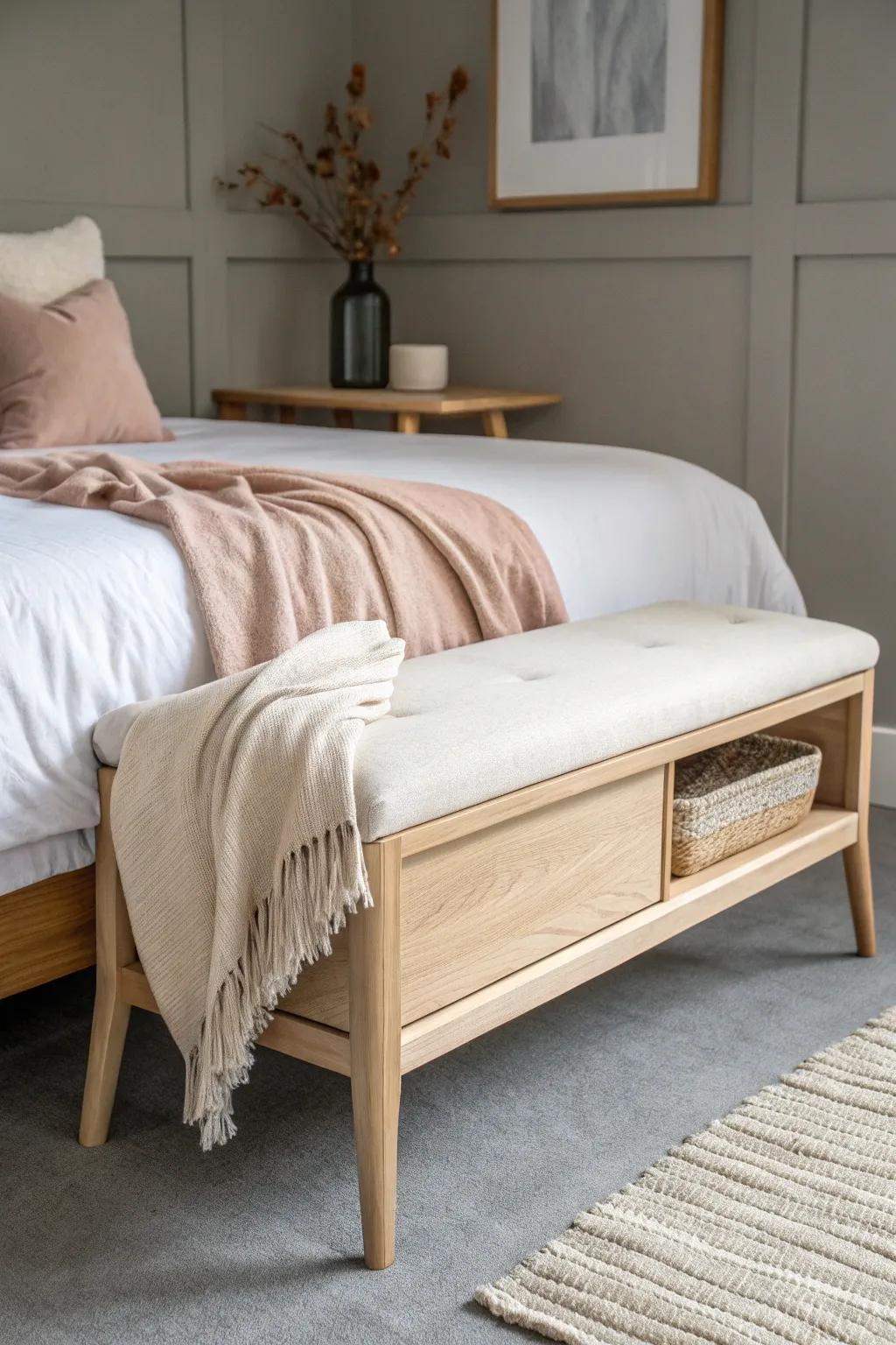 A sleek storage bench at the bed’s foot keeps blankets tidy and floors clutter‑free.