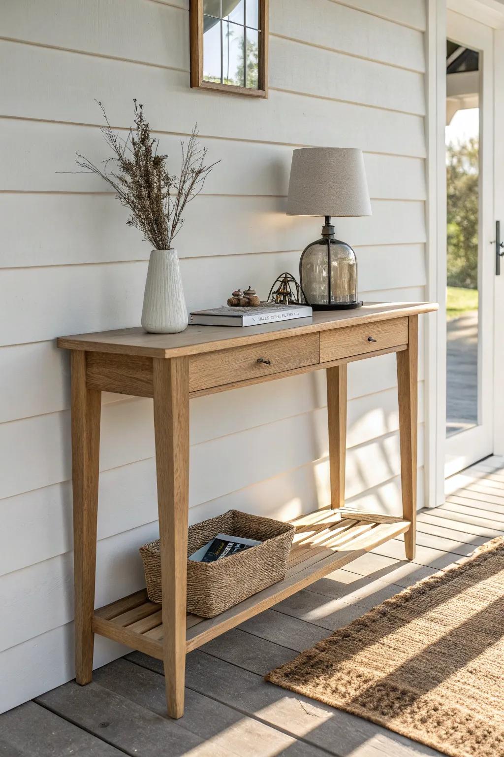 A slim console adds a chic landing spot for keys and decor—without crowding the breezeway.