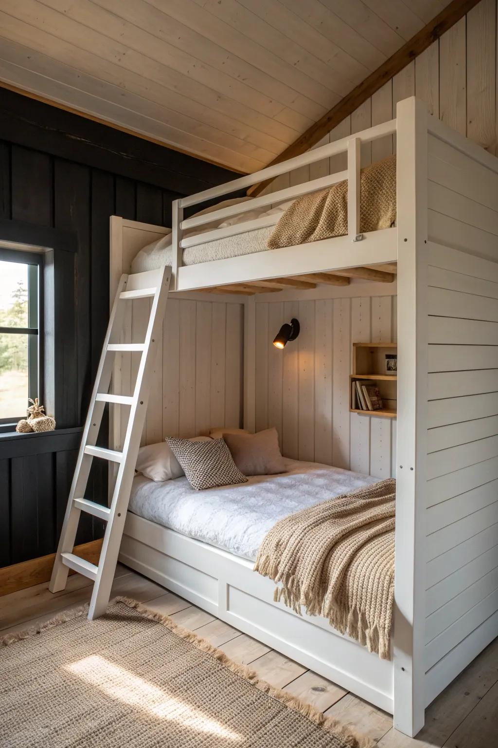 Soft white painted bunks pop against dark timber—brightening a small cabin without losing warmth.