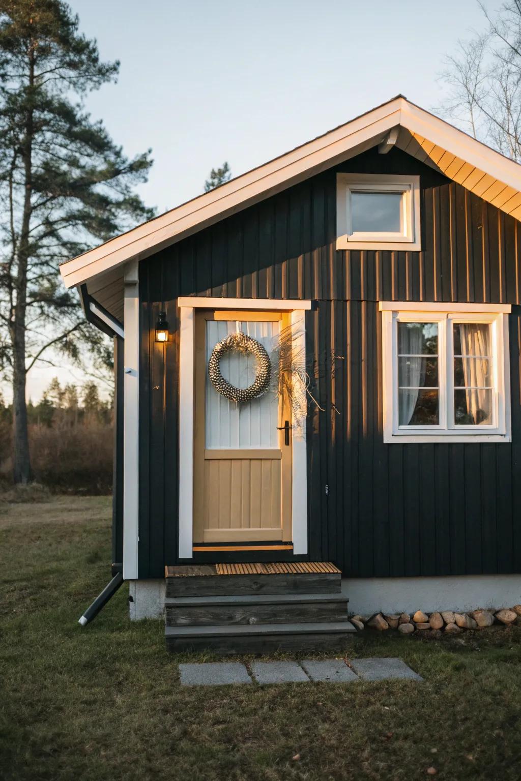 Two-tone cabin paint: dark siding with light trim makes a small exterior feel designer-sharp.