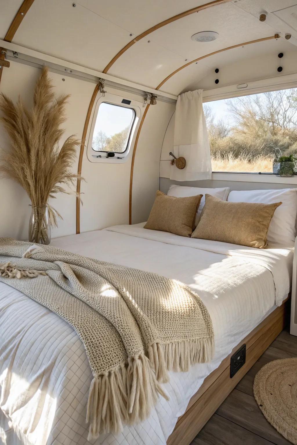 Layered bedding + a chunky knit throw turns a tiny camper bed into a cozy boutique nook.