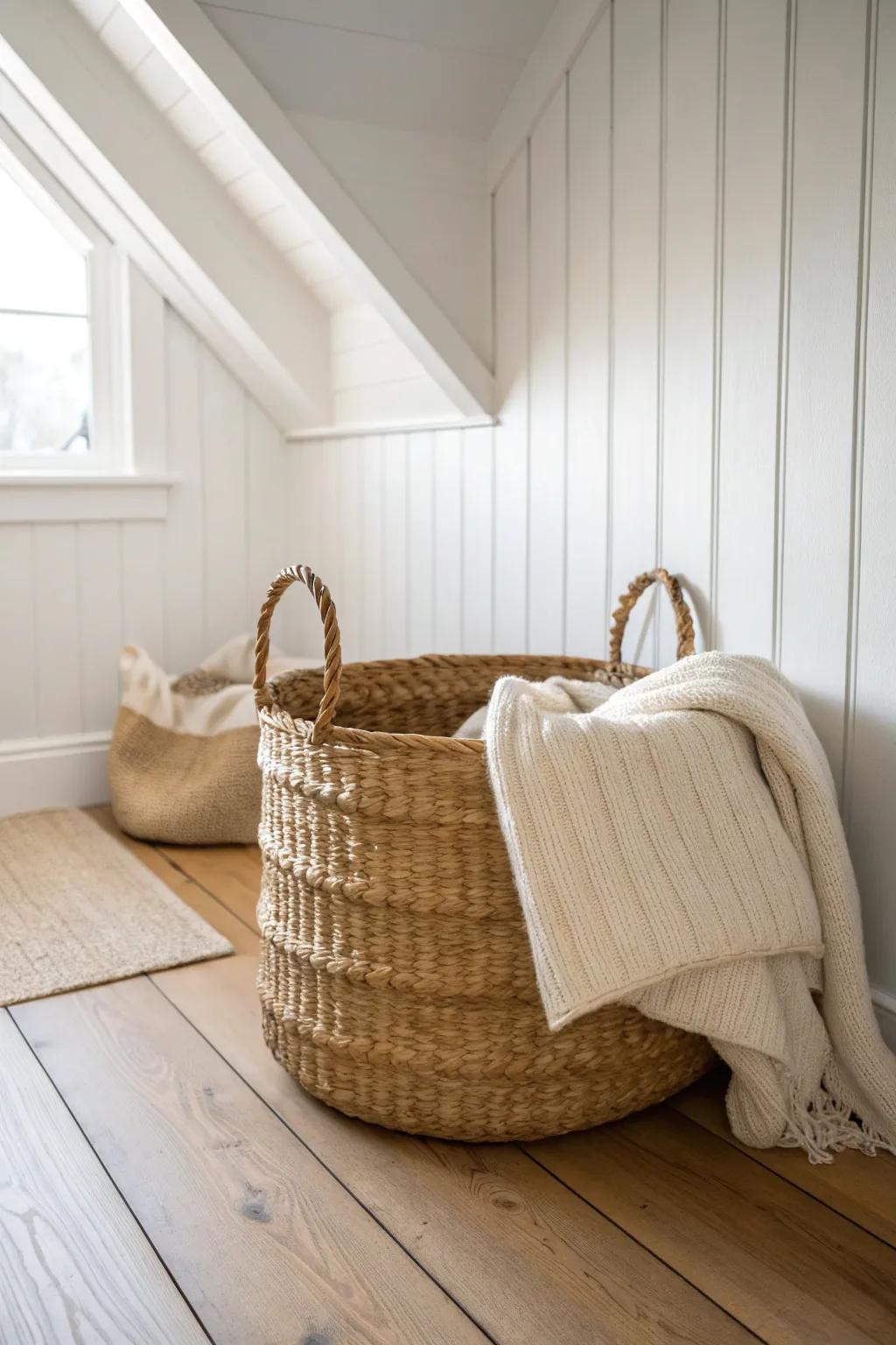 A handwoven basket turns that low Cape Cod corner into chic storage for cozy extras.
