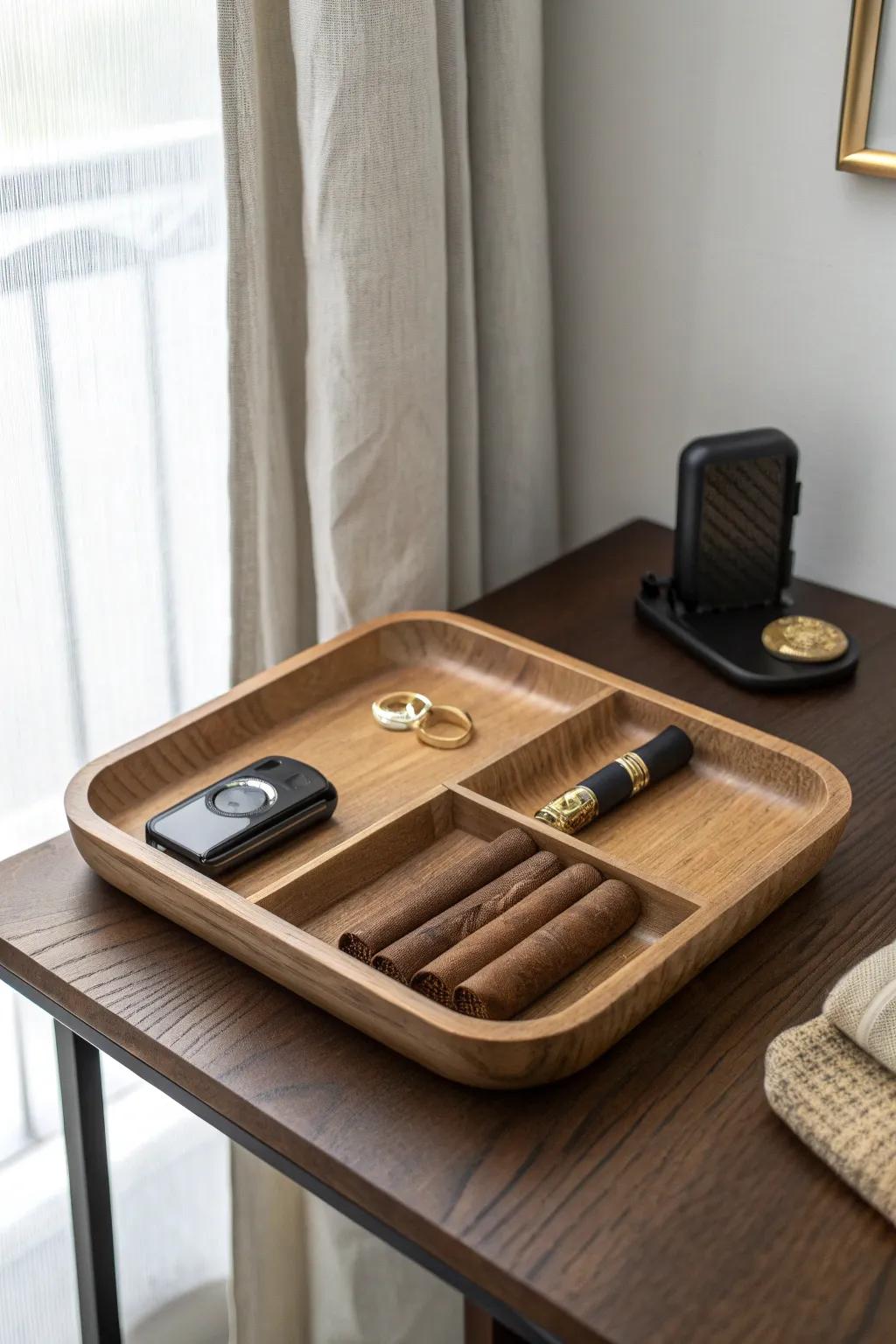 A tiny cut-light-set down tray keeps your cigar tools chic, tidy, and within reach.