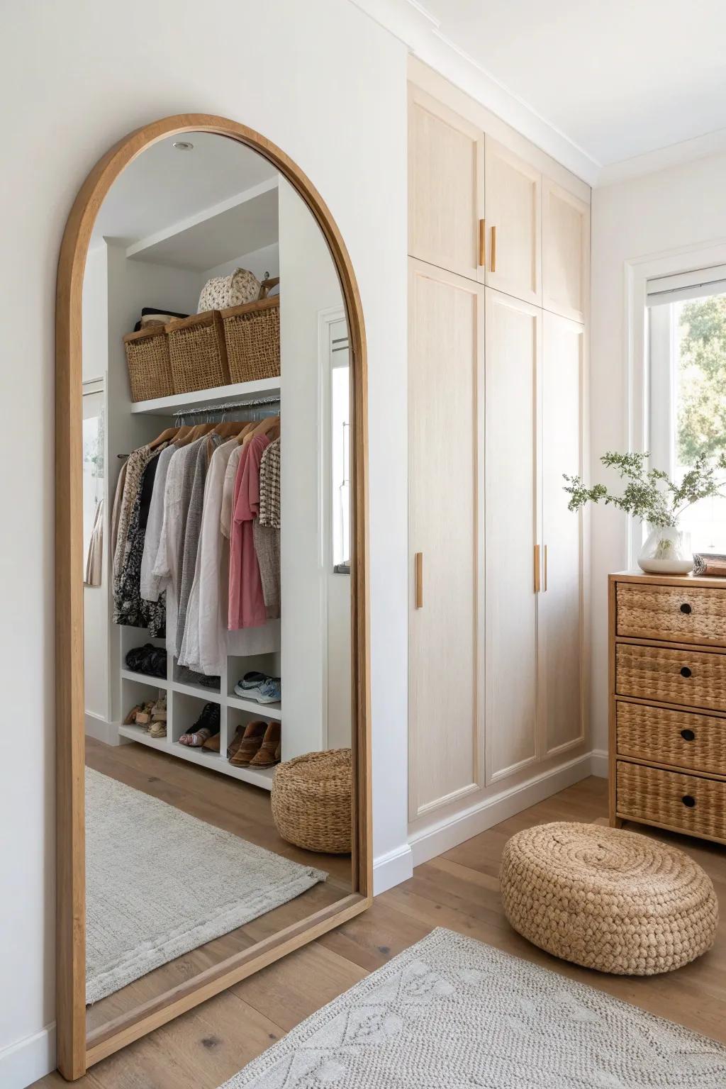An arched mirror at the back of a closet nook doubles light and makes the space feel deeper.