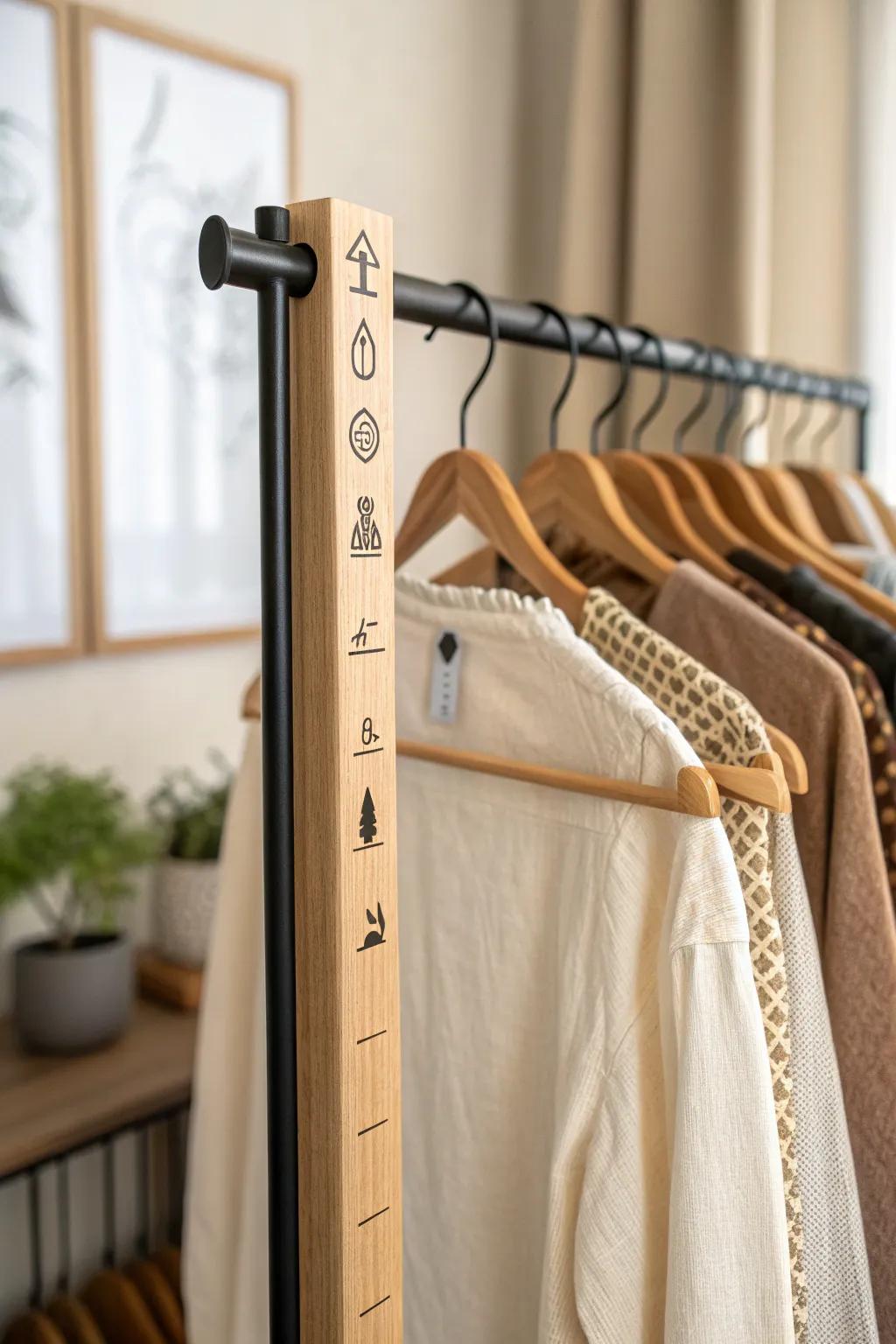 Create calm in a tiny closet: a simple left-right divider makes shared space feel effortless.