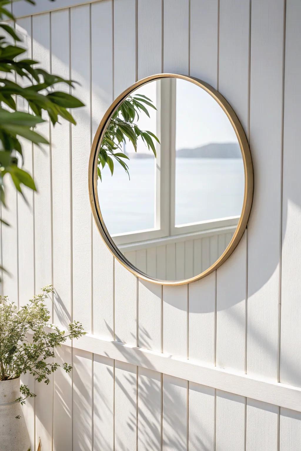 One shiplap-style wall behind the mirror adds beachy texture without stealing space.