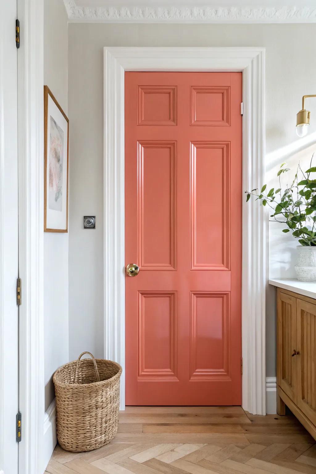 High-gloss coral on the bathroom door reflects light and makes a tiny space feel boldly brighter.