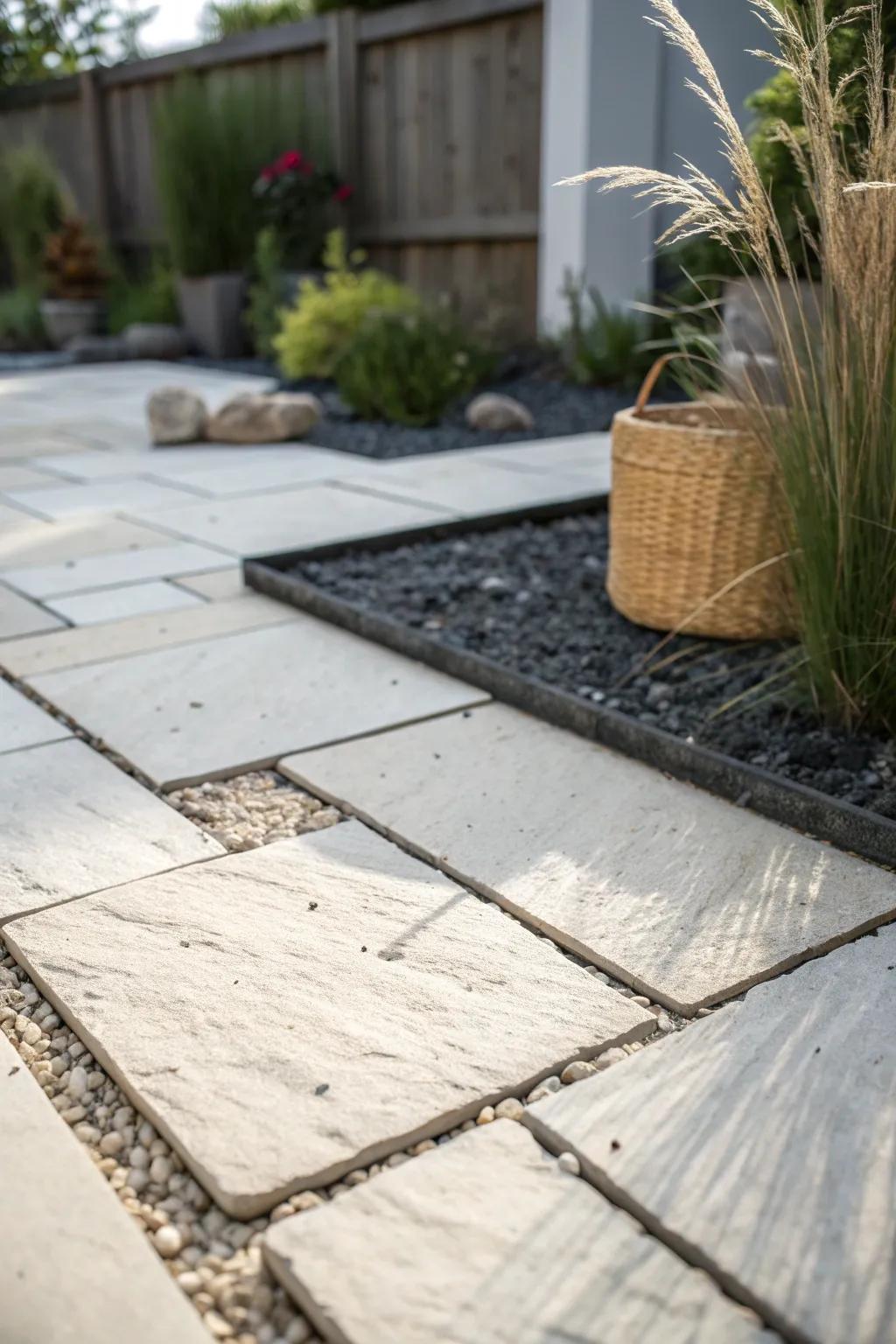 Diagonal-laid stone pavers elongate a narrow courtyard, adding artisan calm in small spaces.