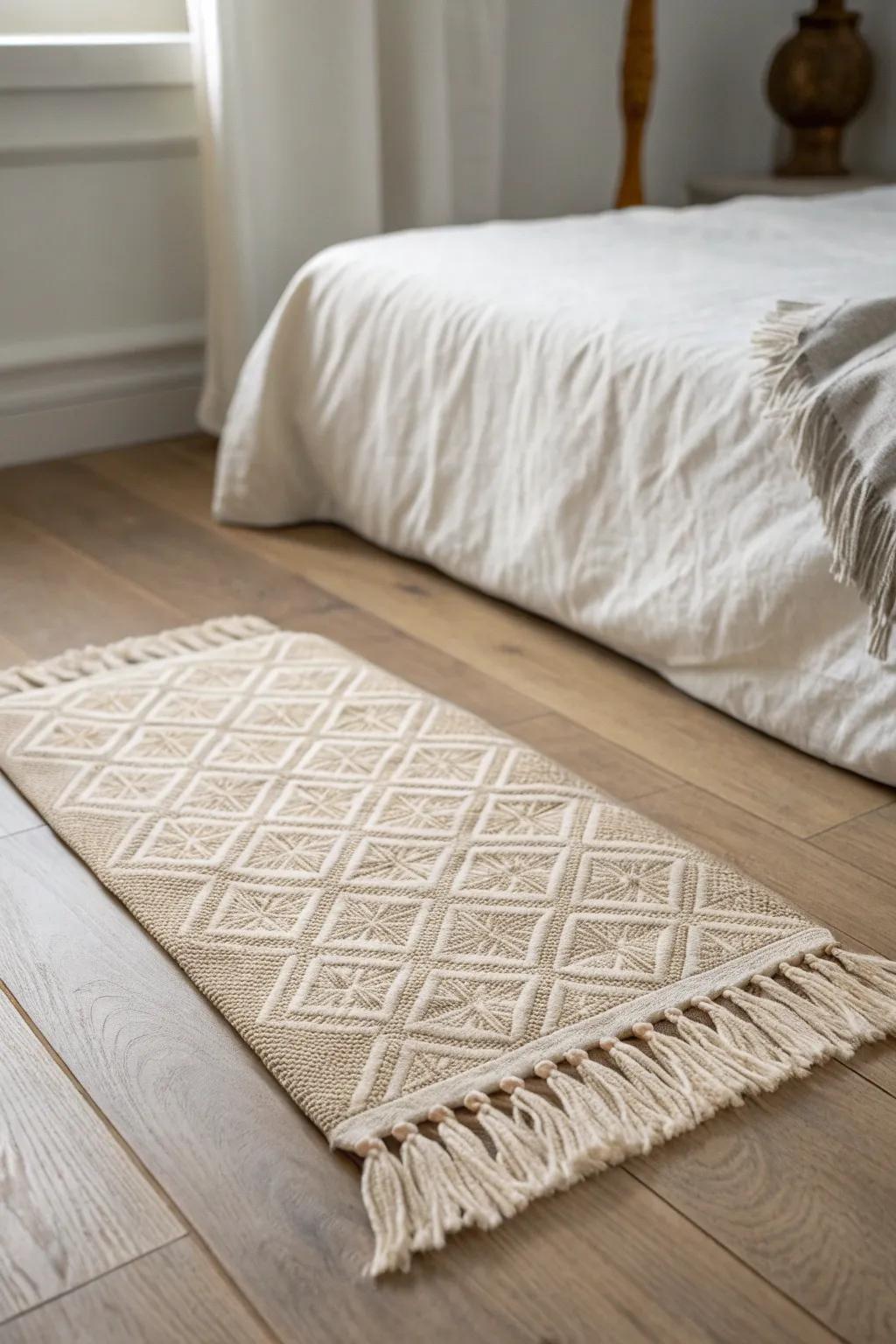 A small soft rug by the bed adds instant warmth and cozy definition—without visual clutter.