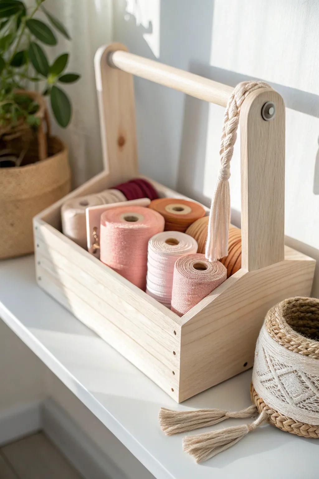 Color-sorted ribbons in a handmade wood caddy—storage that doubles as pretty decor.