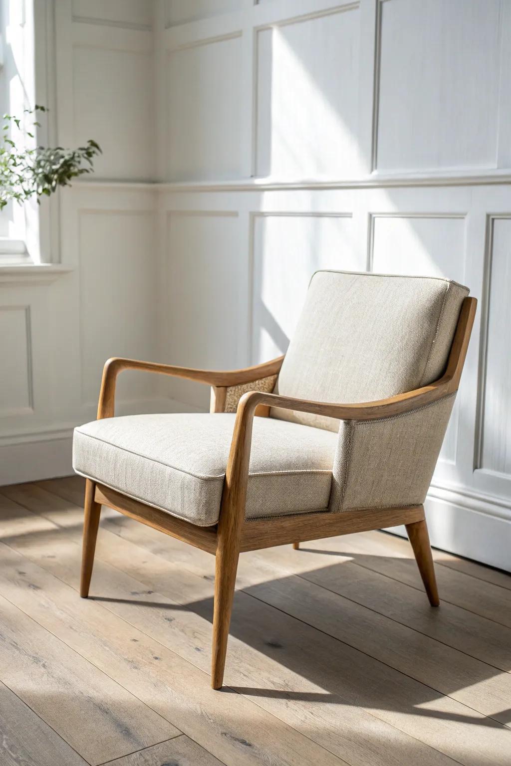 Slim-armed, light-legged chair keeps a small den airy—style without visual weight.
