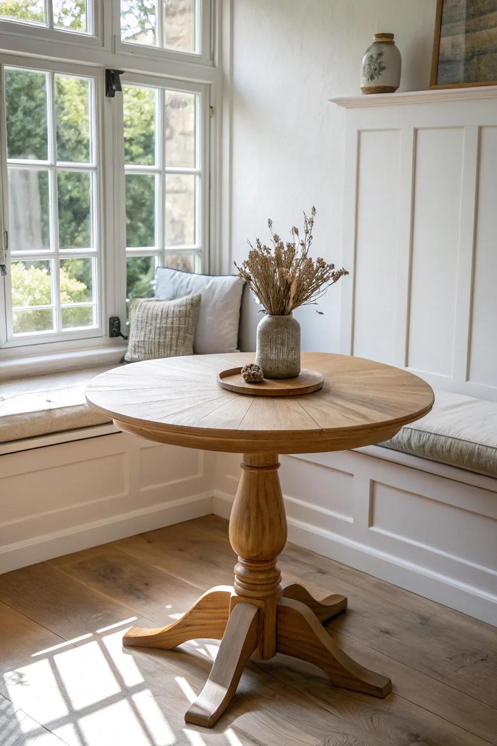 A petite oak pedestal table under one window turns a tight alcove into a bright dining nook.