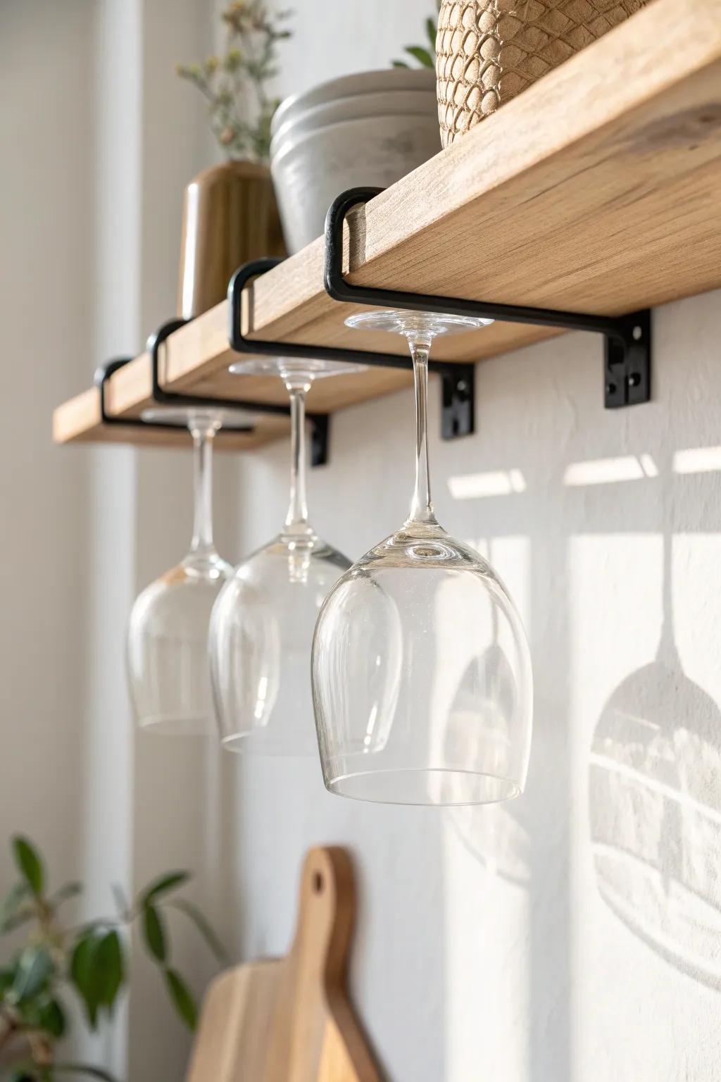 A sleek under-shelf stemware rack instantly frees space and makes a small dry bar feel elevated.