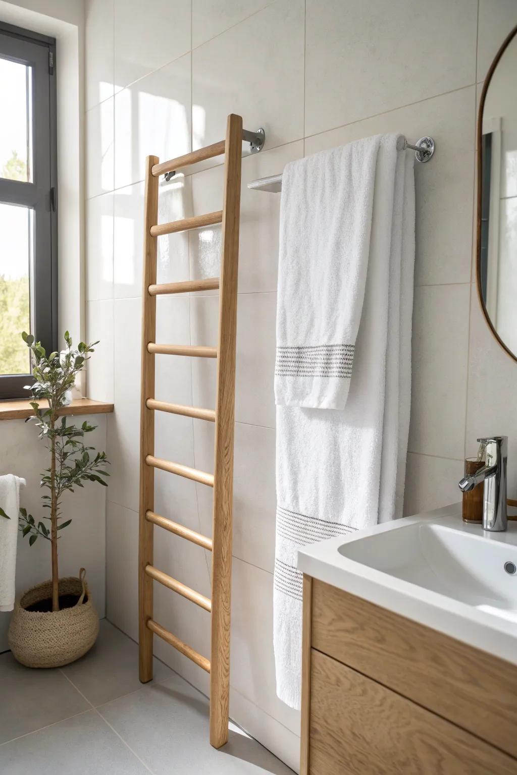 A slim vertical towel rail keeps an en suite airy—store more towels without stealing wall space.