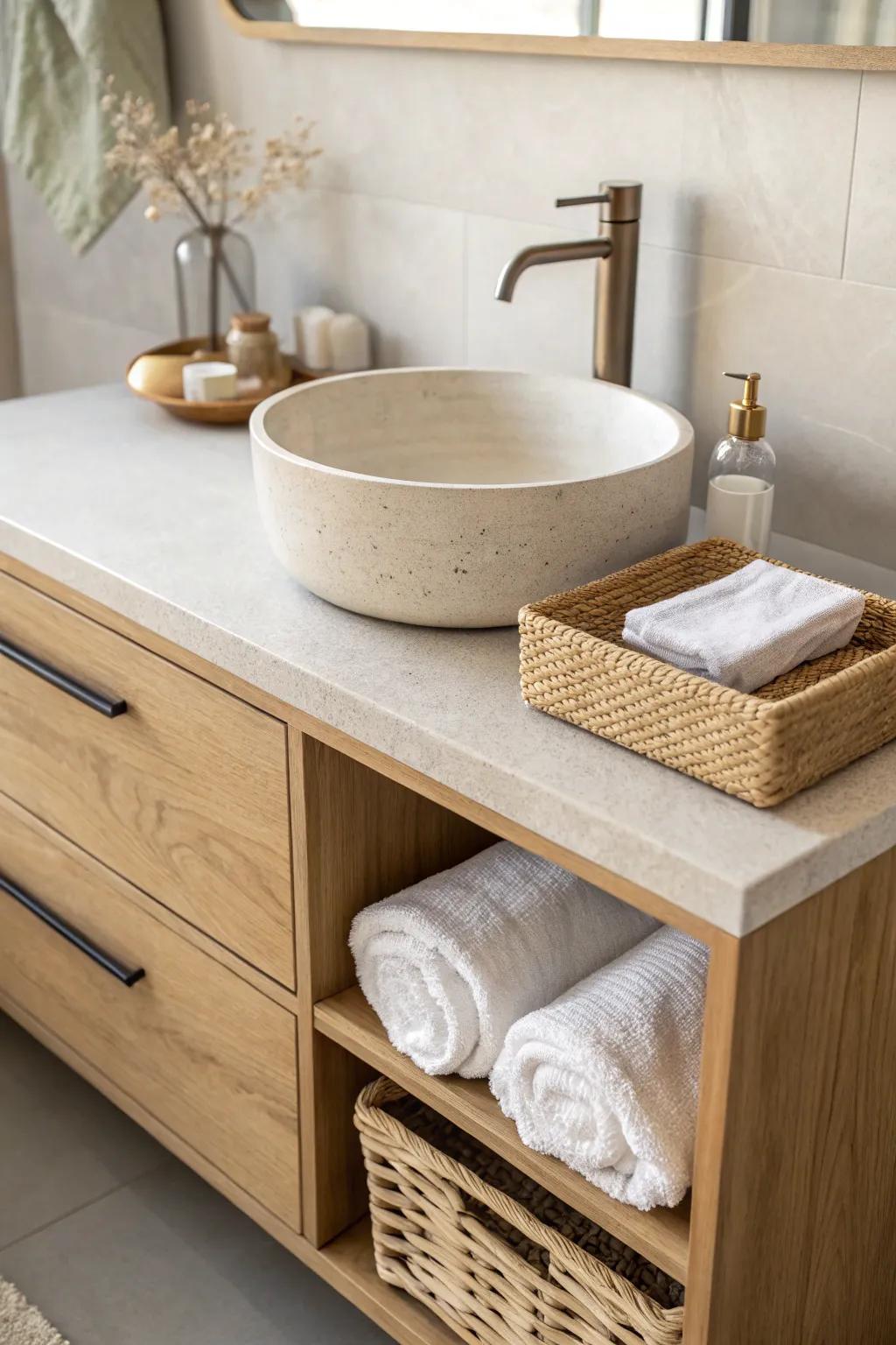 Light warm neutrals and pale oak keep a tiny ensuite airy, cozy, and never sterile.