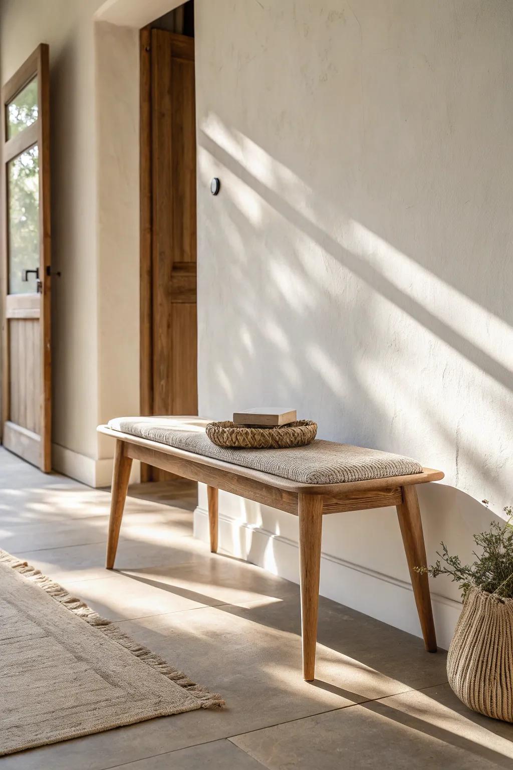 An ultra-narrow oak bench brings a finished, airy feel to the tightest hallway entry.