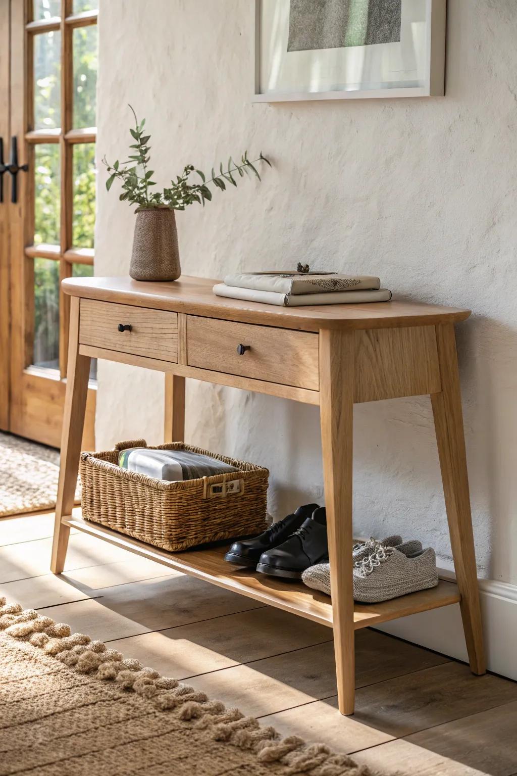 A slim oak console with a tucked-in bench keeps shoes and seating tidy in a tiny entry.