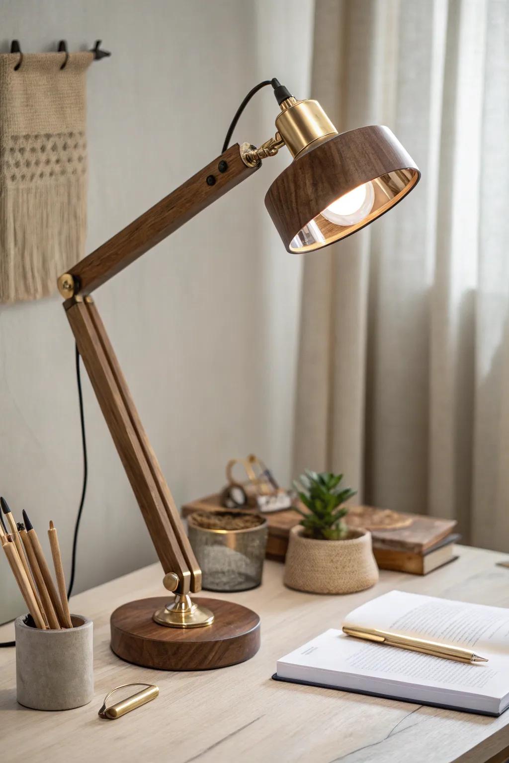 Layered glow: a crafted brass task lamp that turns a small office corner into a suite.