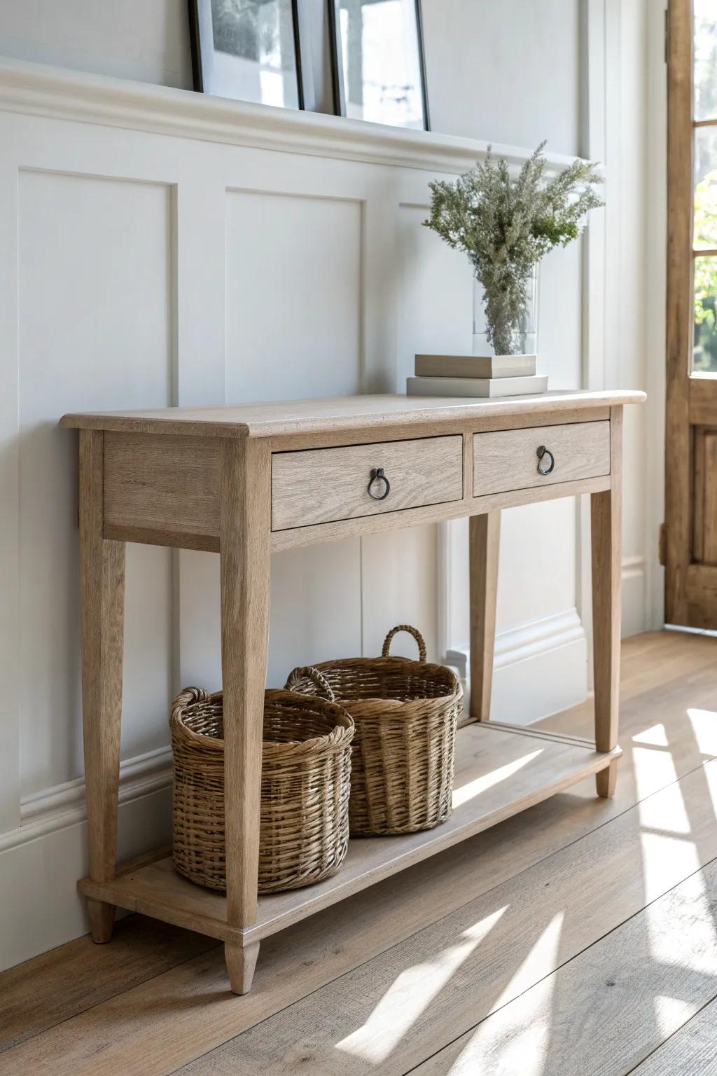 A slim farmhouse console table adds entry storage with baskets—perfect for small living rooms.