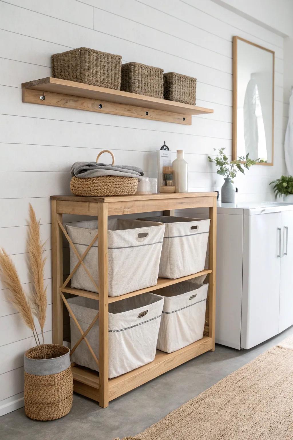 Wall-mounted shelves + matching bins turn a basement laundry corner into a finished, calm zone.