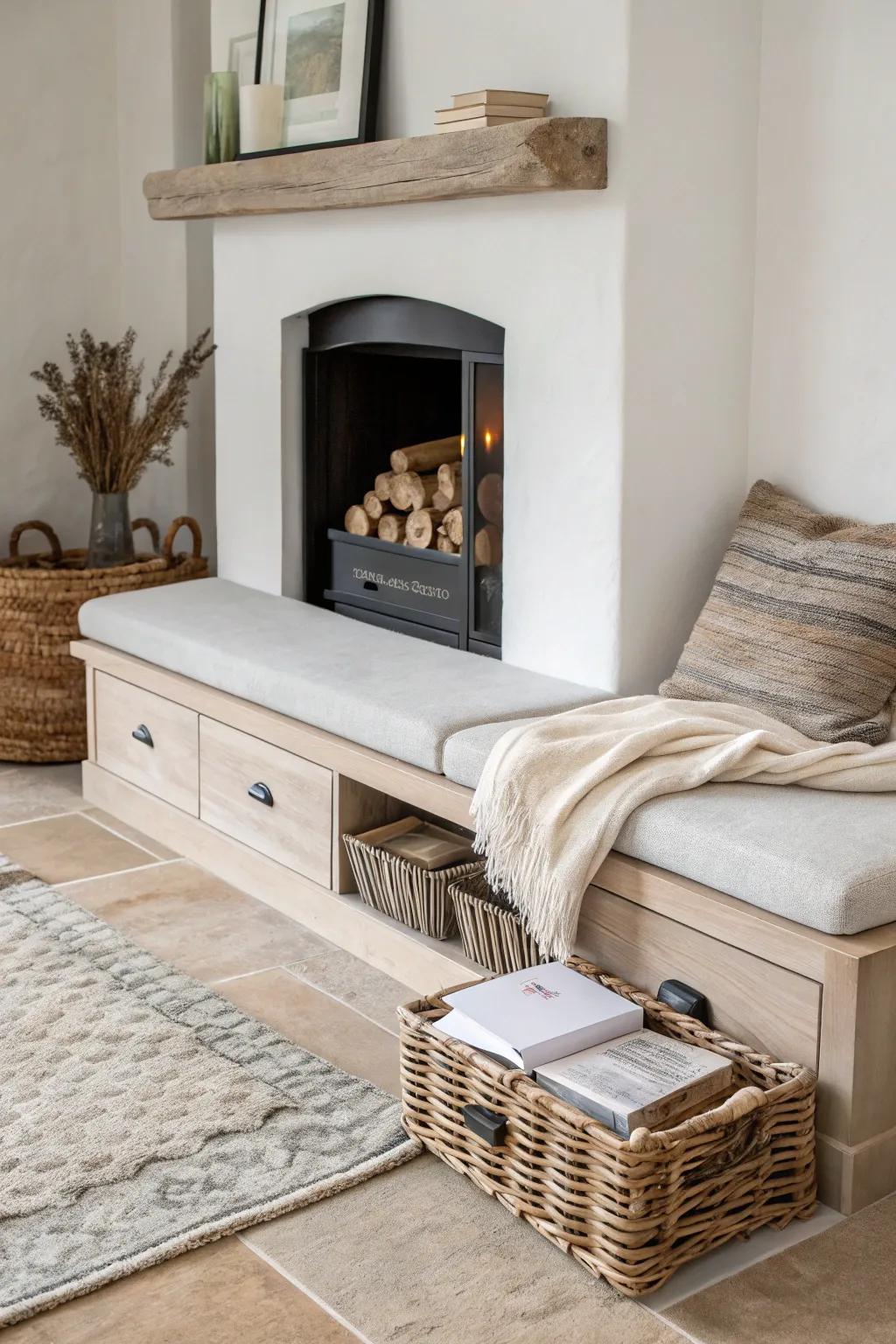 A low, storage-ready hearth that grounds a tiny fireplace—stow logs and cozy extras out of sight.